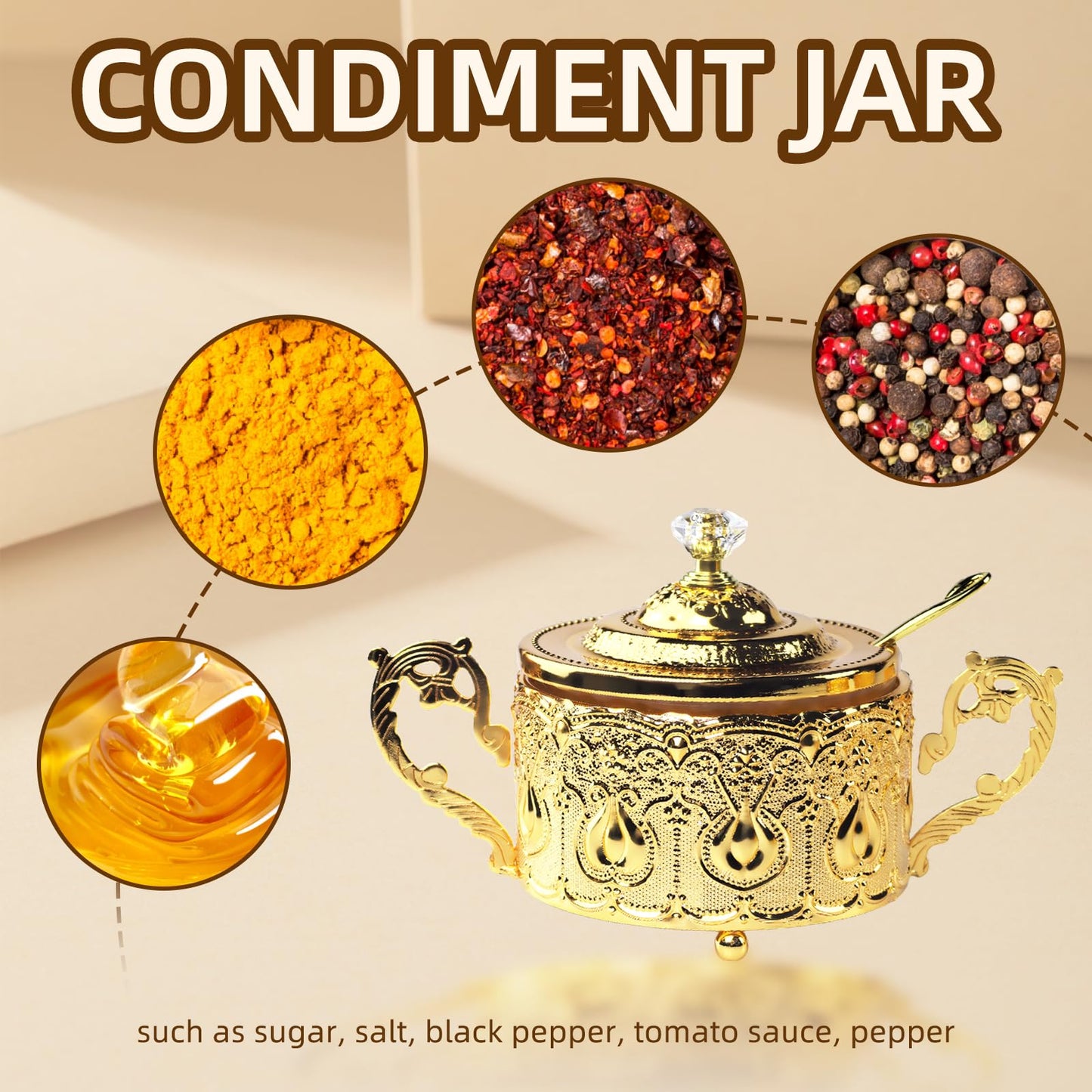 Flylin Sugar Bowl, Turkish Sugar Bowl with Lid and Spoon for Candy Cookie Honey, Golden Vintage Glass Seasoning Jar for Home and Kitchen Coffee Bar (6)