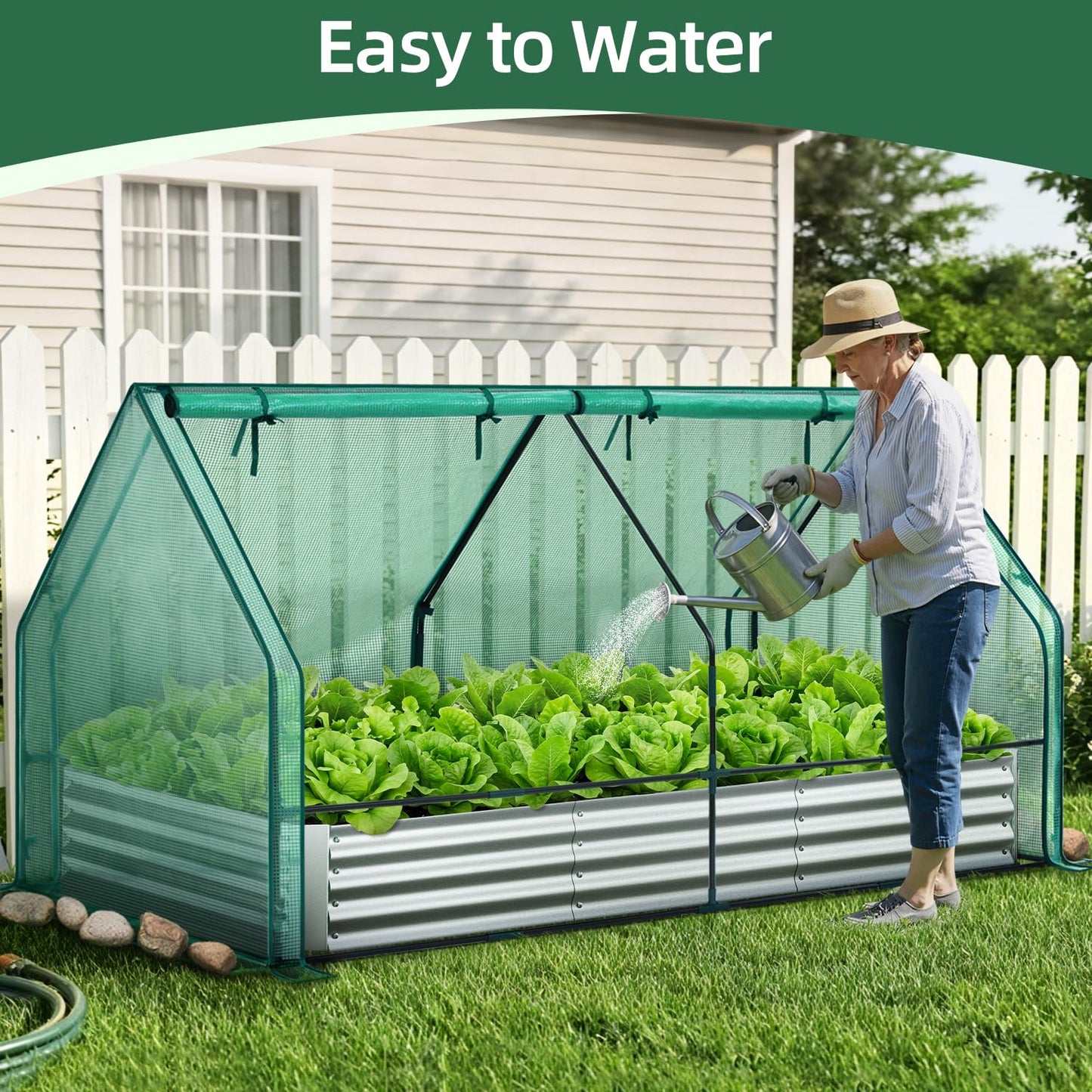 Ohuhu Raised Garden Bed with Greenhouse Cover, 8x4x1 FT Galvanized Metal Planter Box Outdoor with PE Cover, 4 Doors for Ventilation, 3-in-1 Gardening Set for Vegetable Flower Herb Succulent