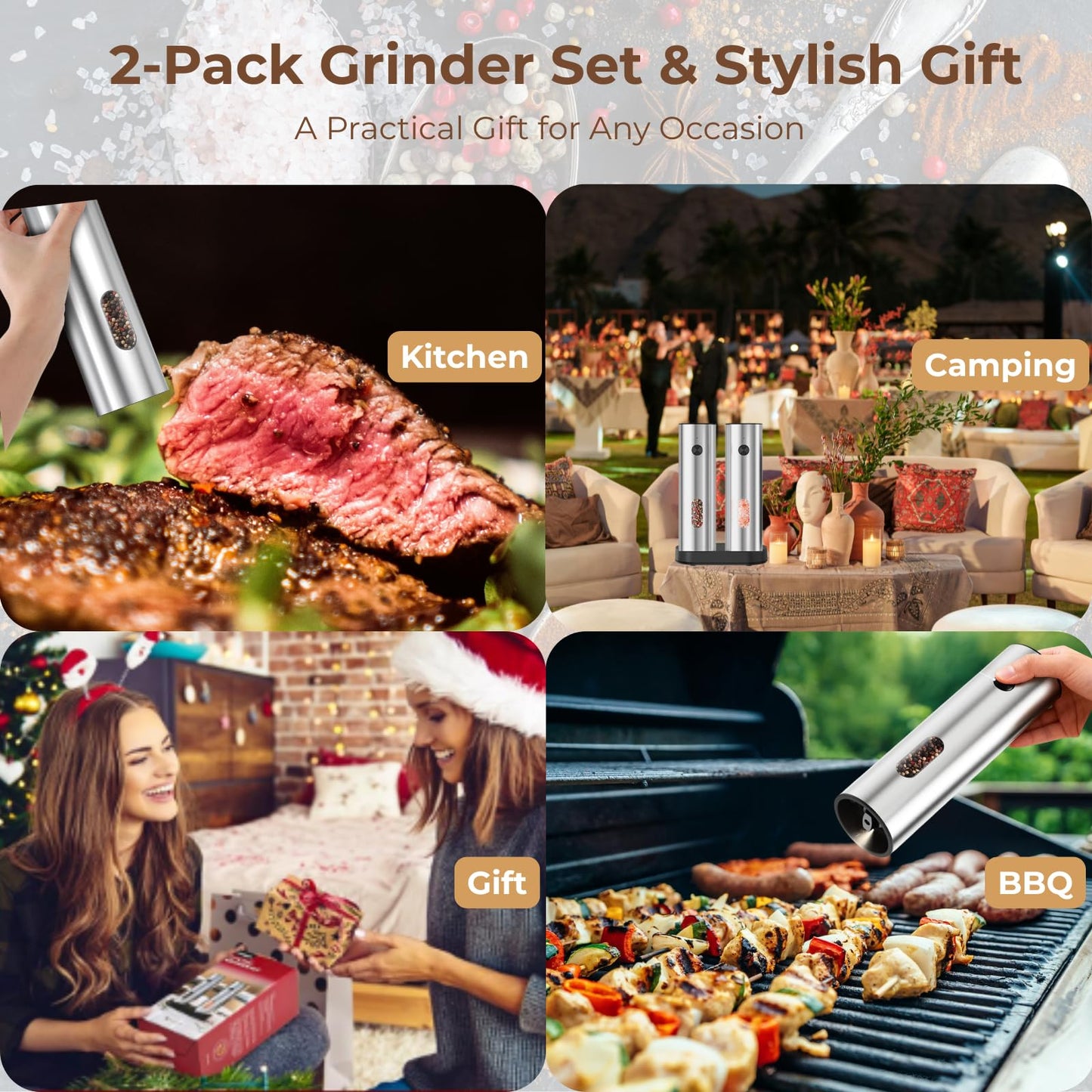 Electric Salt And Pepper Grinder Set, Rechargeable Dual Charging Base, Automatic Refillable Pepper Mills, with 110ml Large Capacity, Adjustable Coarseness & LED Light, Ideal for Kitchen, Outdoor & BBQ