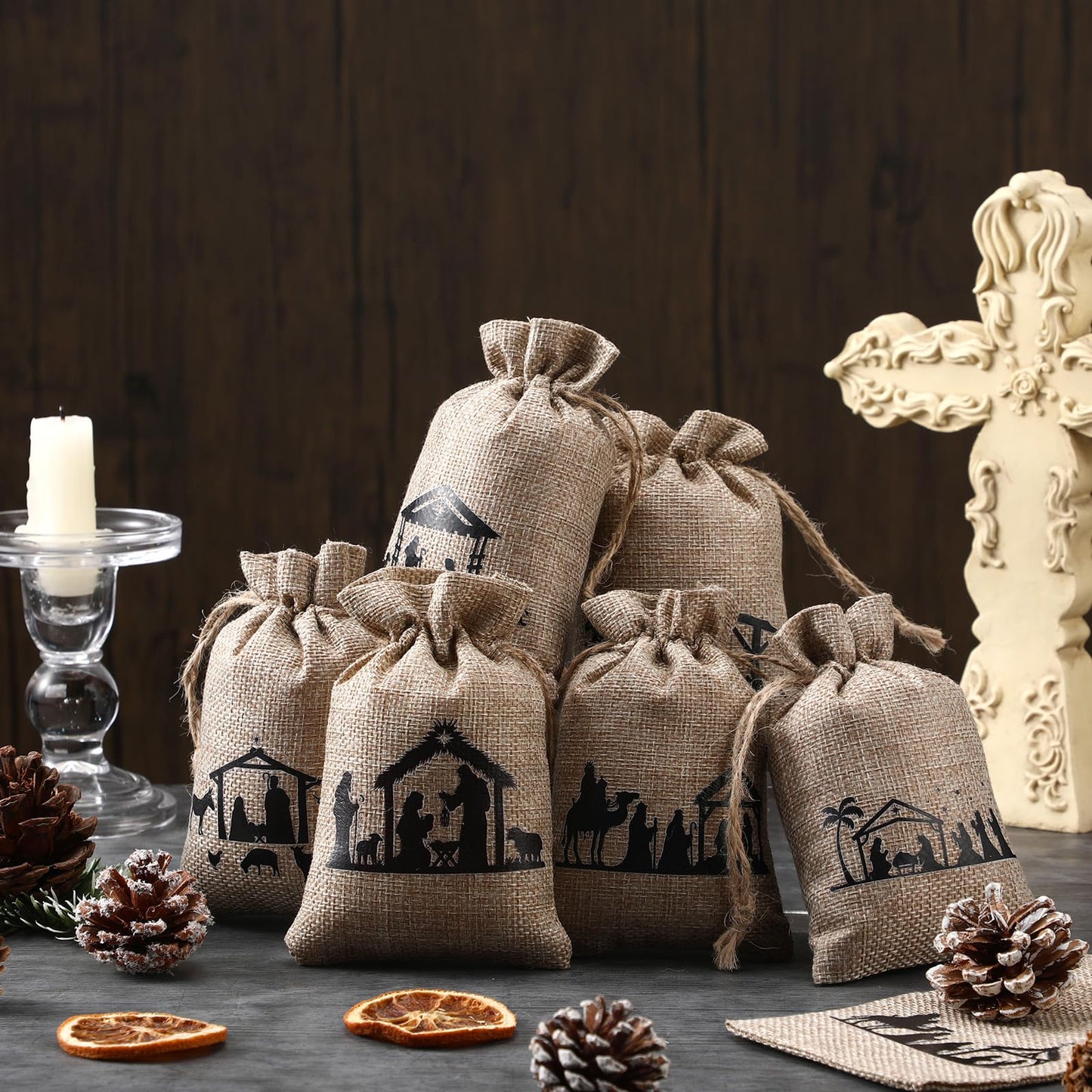 Kinlop 24 Pieces Christmas Nativity Burlap Gift Bags with Drawstrings 6 Designs Christmas Holiday Goody Treat Bags Linen Wrapping Candy Pouches Jewelry Pouches for Xmas New Year Party Favors