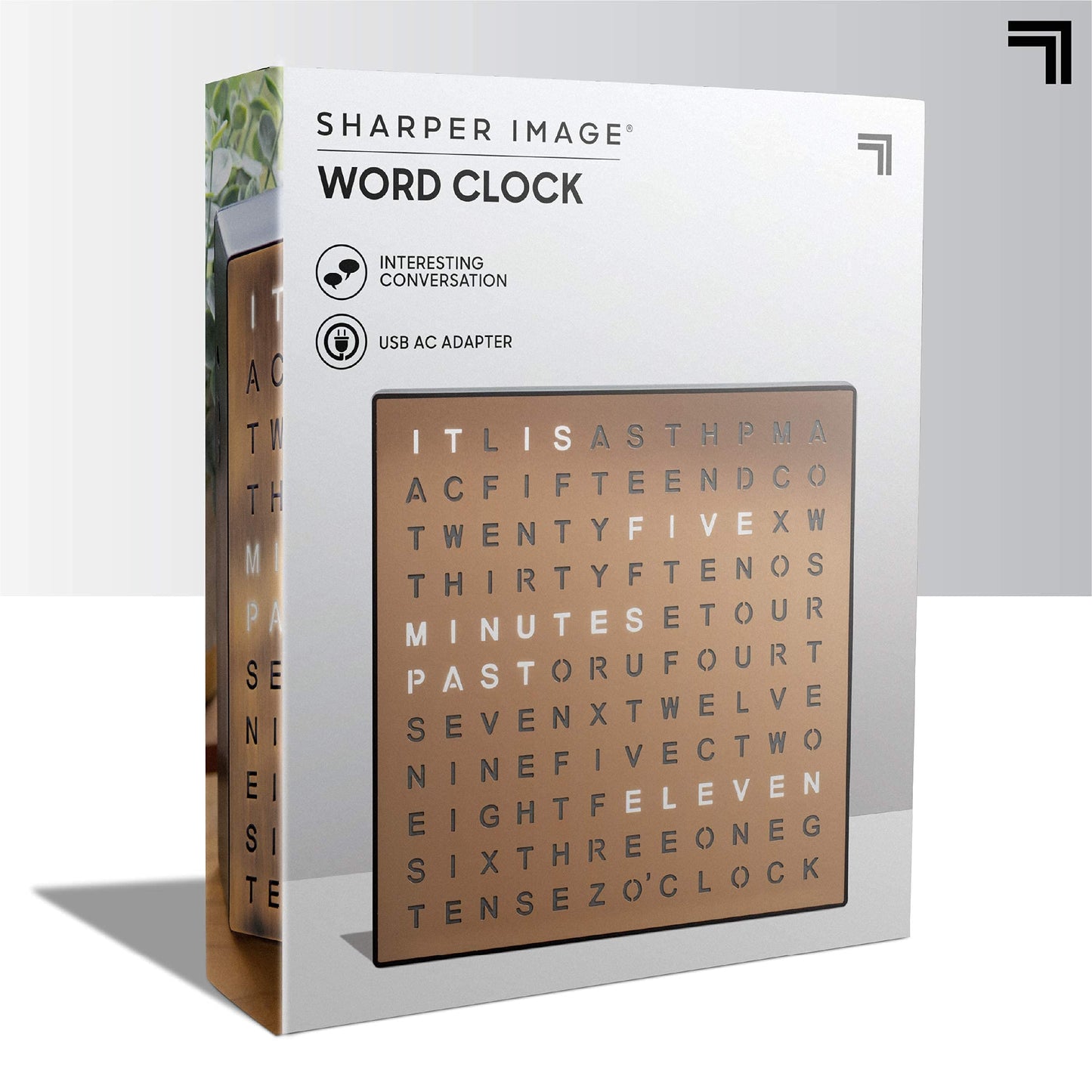 Sharper Image® LED Light-Up Word Clock, 7.75" Modern Design, Electronic Accent Wall or Desk Clock, USB Cord & Power Adapter, Unique Contemporary Home & Office Decor, Easy Setup, Housewarming Gift