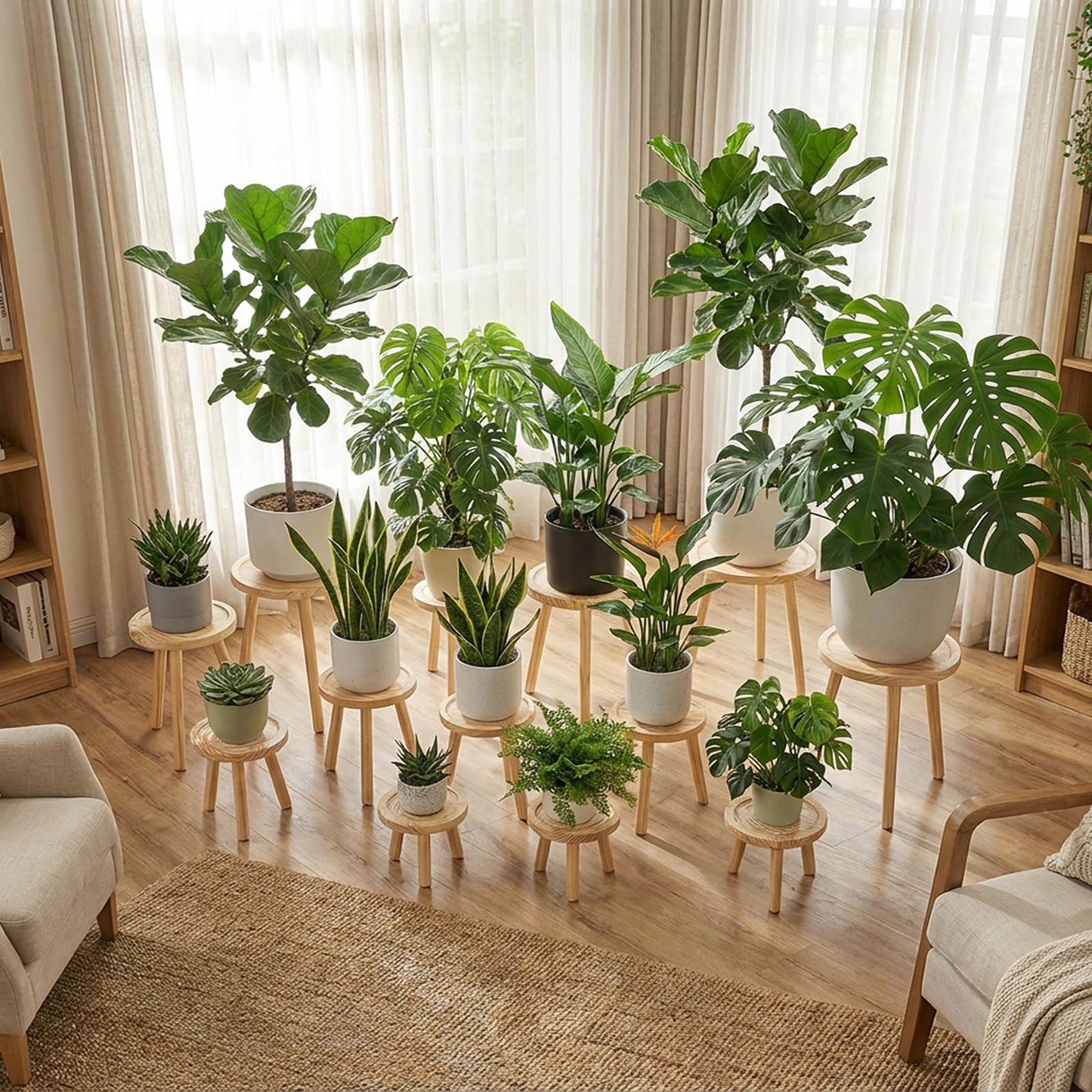 Amdermi 3-Pack Wood Plant Stands Indoor, Single Plant Stand for 6-12 Inch Pots, Mid-Century Modern Plant Stool, Tall Plant Stand for Large Plants for Living Room, Balcony, Office (Light Brown)