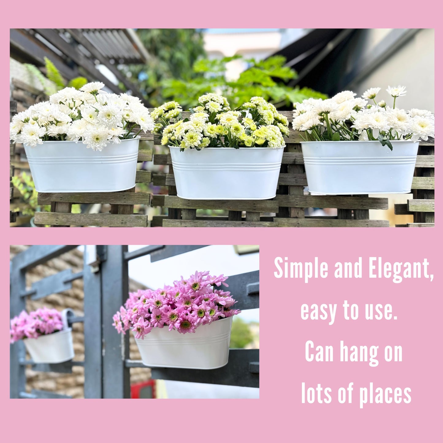 LaLaGreen Outdoor Rail Planter (10 Pack, 9.8 Inch) Small and Cute White Metal Iron Hanging Flower Pot Deck Railings Fence Buckets Countryside Style Wall Mount Window Box Plant Holder Hooks Porch Decor