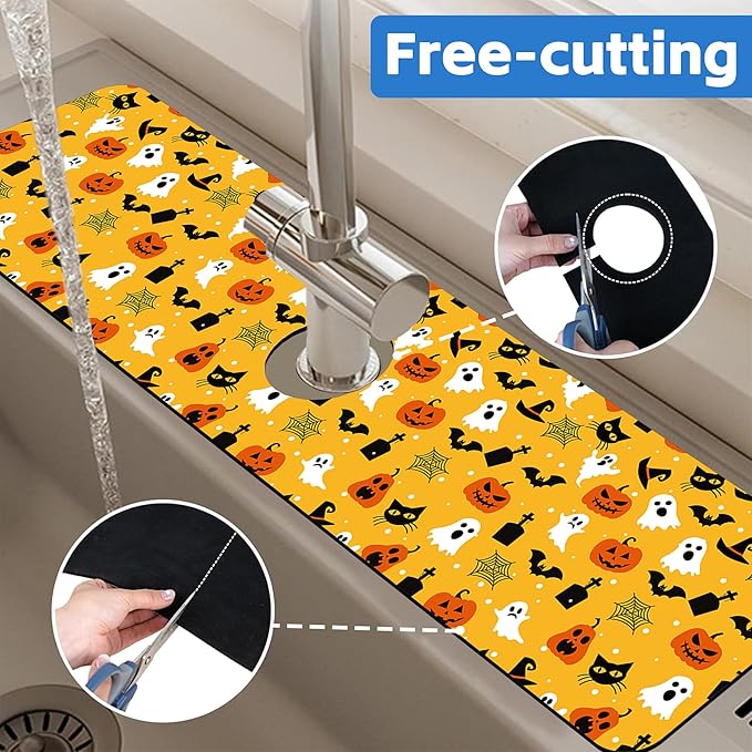 Halloween Pumpkin Bat Ghost Kitchen Sink Splash Guard Mat Absorbent Fast Drying