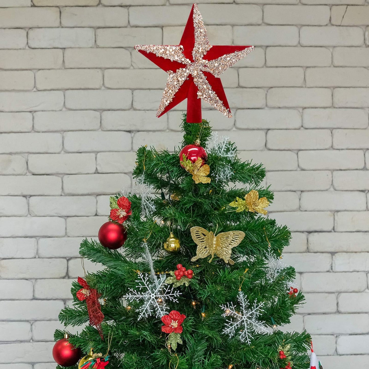 Soulchen 7.87 Inches Christmas Tree Topper Velvet Glitter Star Tree Topper Red Silver Holiday Bethlehem Star Ornament Decorative Christmas Decoration Xmas Gift Home Decor