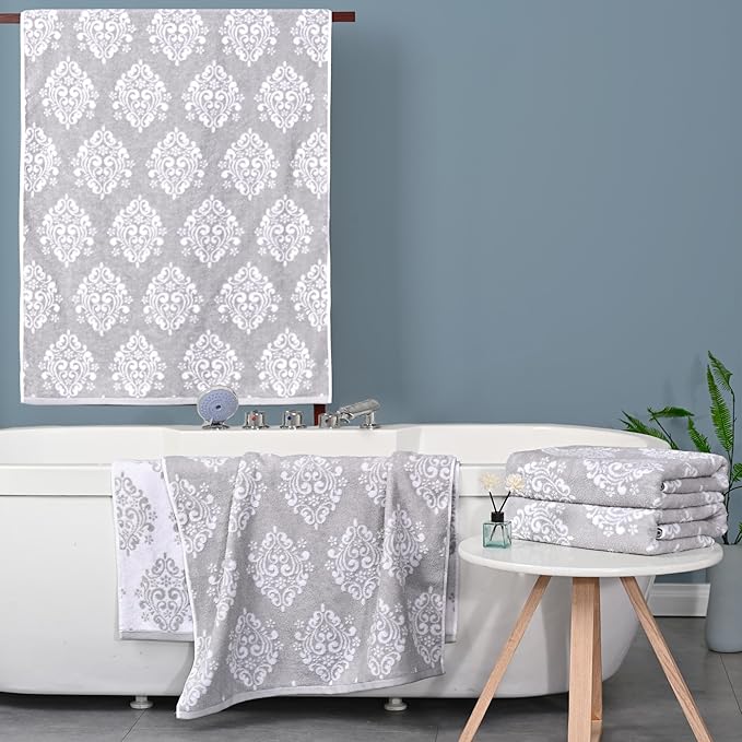Grey Pattern Bath Towels, Quick Dry Bath Towel, Damask Jacquard Shower Towel