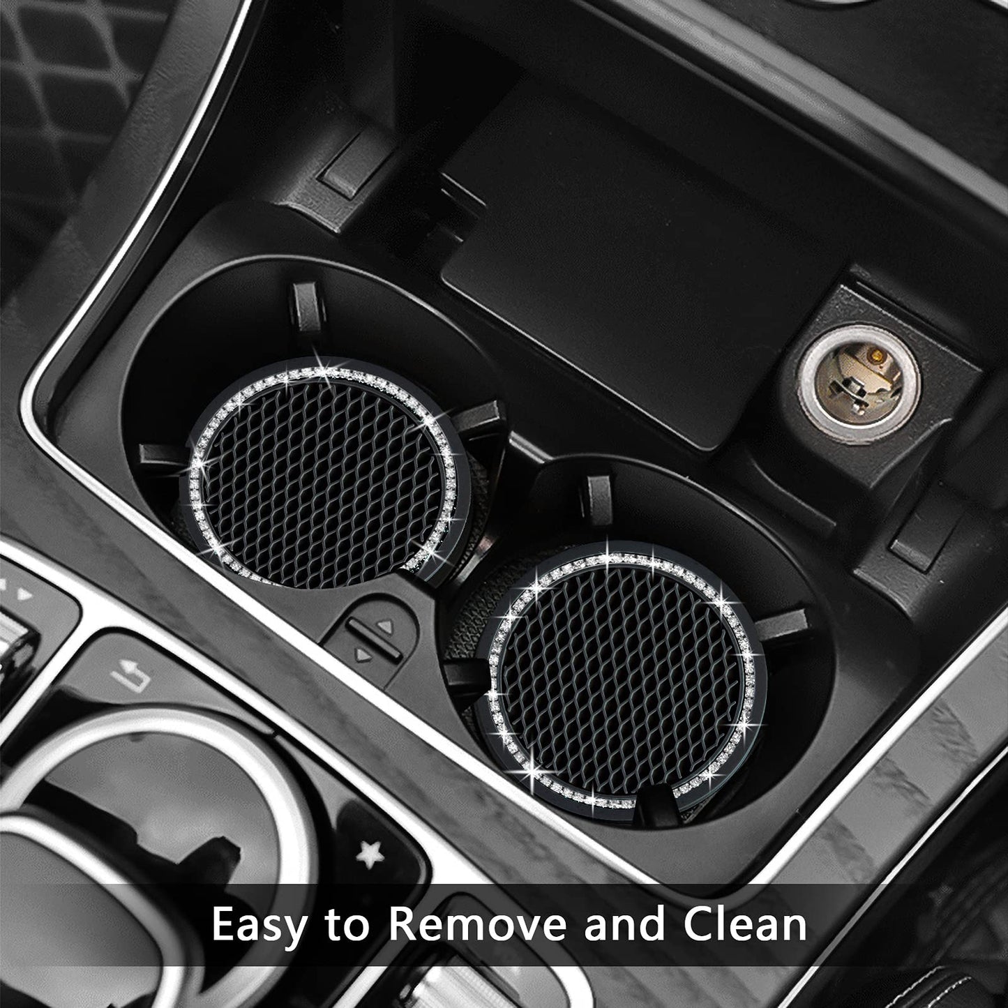 2PCS Bling Car Cup Coaster, 2.75 Inch Auto Cup Holder Insert Coasters Silicone Anti-Slip Crystal Rhinestone Drink Mat, Universal Vehicle Interior Accessories for Women Girls (Black)
