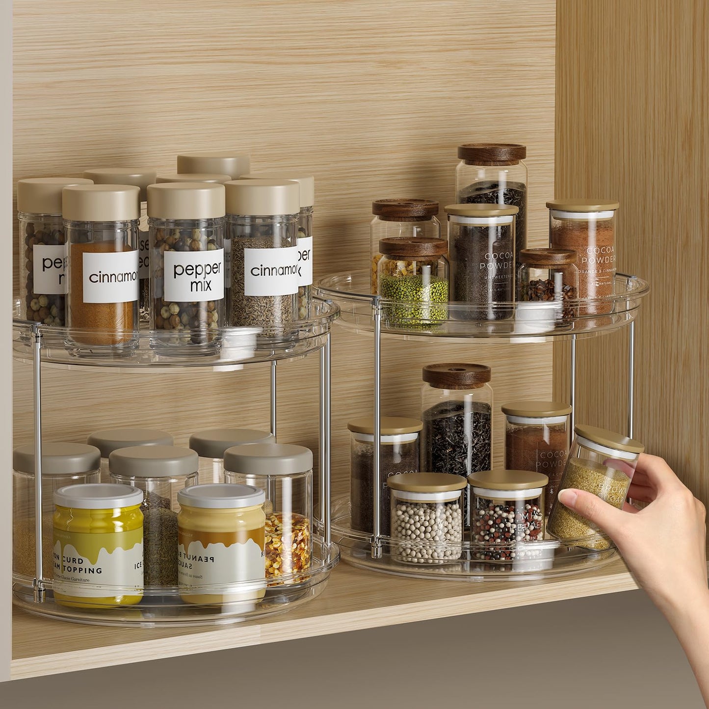 LAMU 2 Pack 2 Tier Lazy Susan Turntable Organizer 9.25'' Rotating Spice Rack Organization for Cabinet, Kitchen, Pantry, Countertop, Bathroom, Vanity, Medicine Cabinet Organizer, Clear