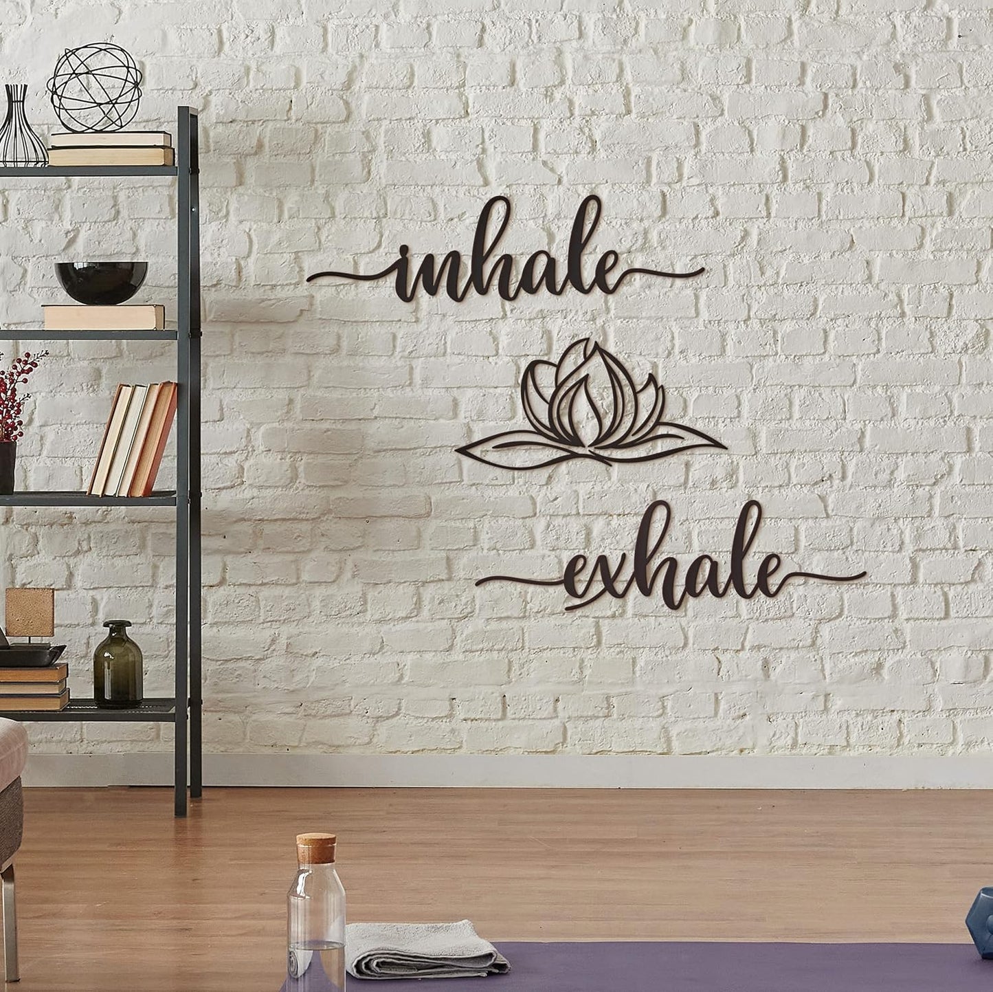 Home Inhale Exhale Wall Art Lotus Flower Metal Zen Large Wall Decor 18"X18" Black Modern Spiritual Yoga Lotus Steel Wall Sign Meditation Bathroom Living Room Shelf Plaque Wall Hanging Decoration Spiritual Inspirational Wall Pediment for Gym Massage Fitnes