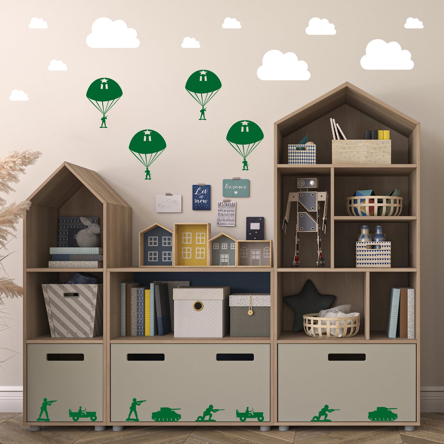 Pounchi Army and Clouds Wall Stickers (4 Sheets 93 Pcs) with Transfer Films, Cool Solider Military DIY Wall PVC Decals for Bedroom Living Room Decor