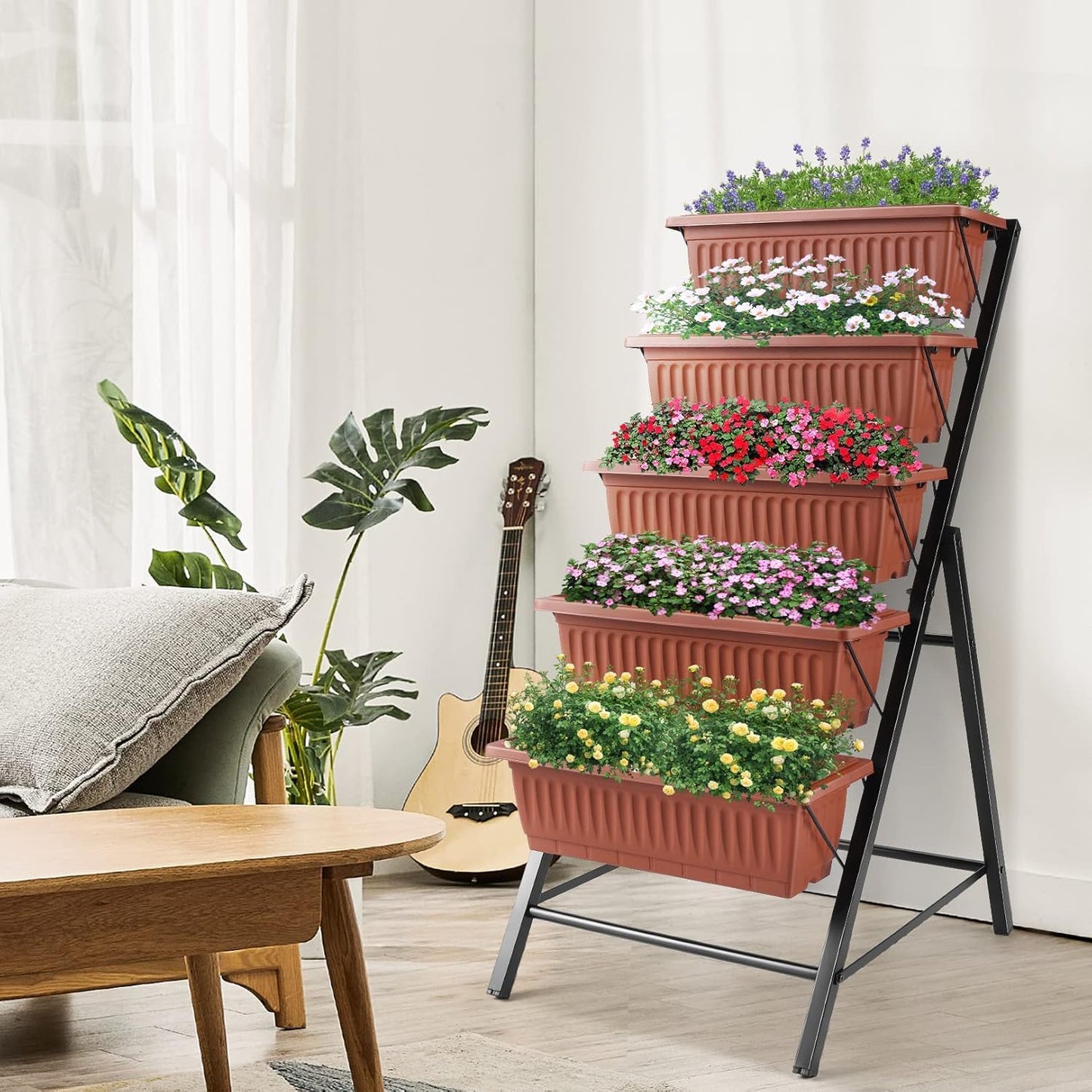 Suyncll 2 Pack Vertical Raised Garden Bed, 5 Tiers Elevated Planter Box with Drainage System and 4 Hooks, 4FT Vertical Planter for Herbs Vegetables Flowers, Dark Red
