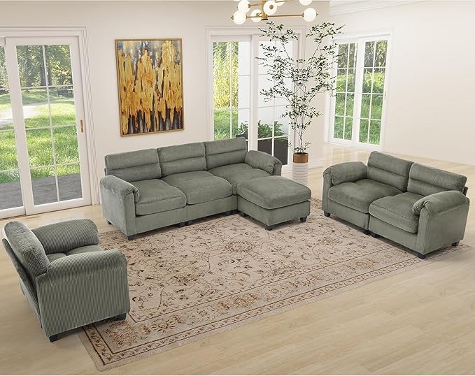 HAOMARKETS Corduroy 2-Piece Sofa Set, Upholstered Ottoman and 3-Seater Sofa