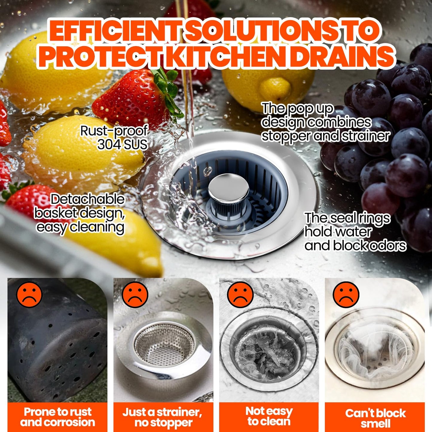 2 Pack 3 in 1 Kitchen Sink Drain Strainer & Sink Stopper, Upgraded Stainless Steel Drain Plug Combo with Anti-Clog Basket, Pop Up Drain Cover for Standard 3-1/2'',Garbage Disposal Parts