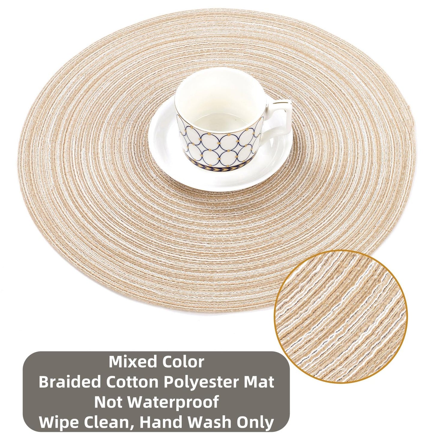 SHACOS 15 inch Round Braided Placemats Set of 6 Non Slip Heat Resistant Cotton Polyester Table Mats Washable Place Mats for Dinner Party Table Decoration (Beige, 6)