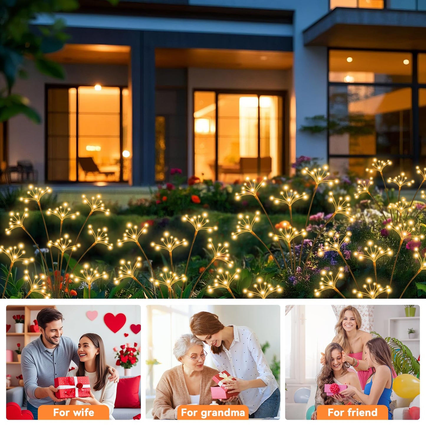 Solar Garden Lights 2 Pack Waterproof Solar Swaying Starburst Light Outdoor Lights for Yard Patio Walkway Pathway Party Wedding Christmas Decoration, Warm White