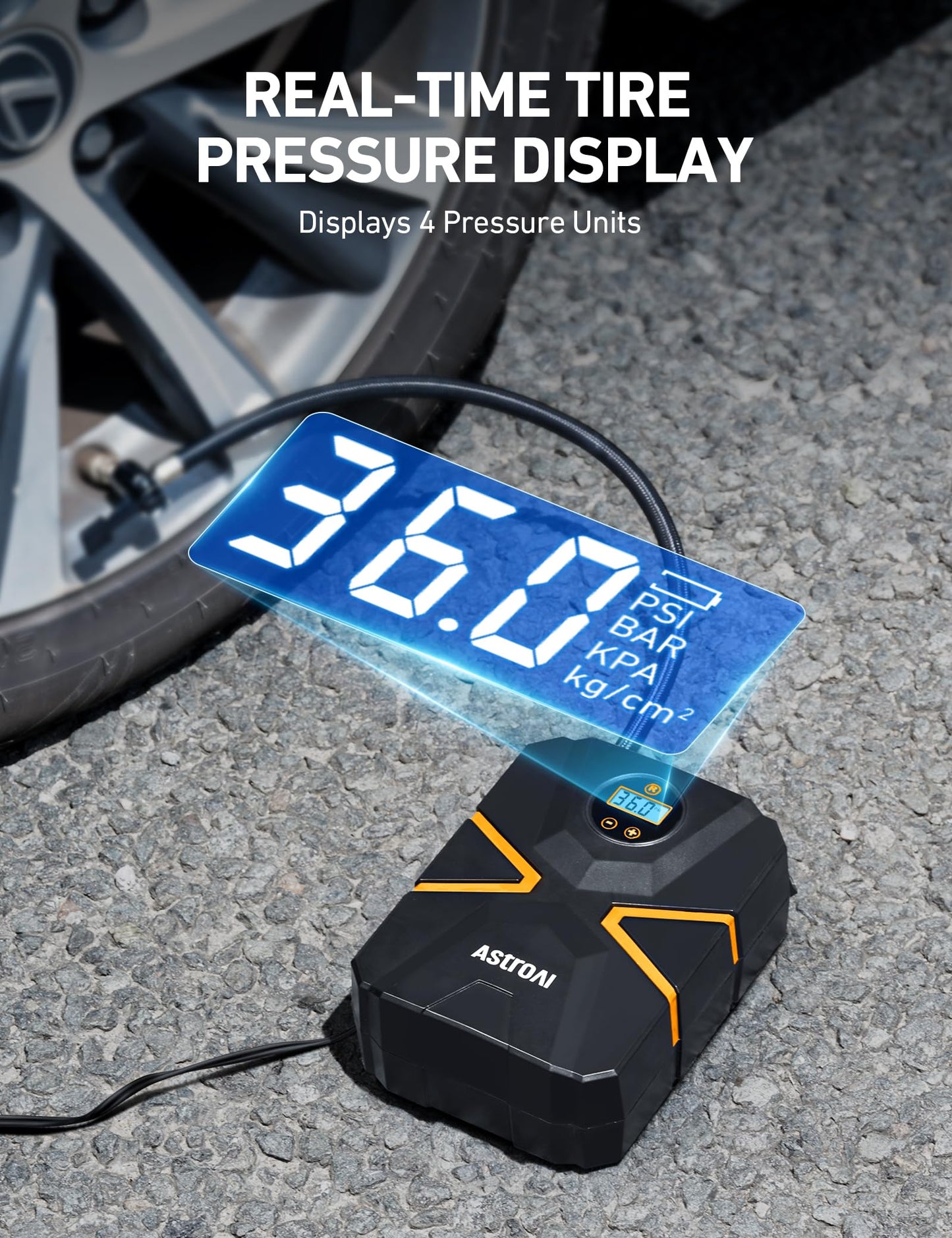 AstroAI Tyre Inflator Air Compressor 12V DC, Digital Car Tyre Pump 150 PSI, Preset Tyre Pressure & Auto Shutoff, Electric Air Pump for Car Tyres, Bicycles, Other Inflatables (Black&Yellow)