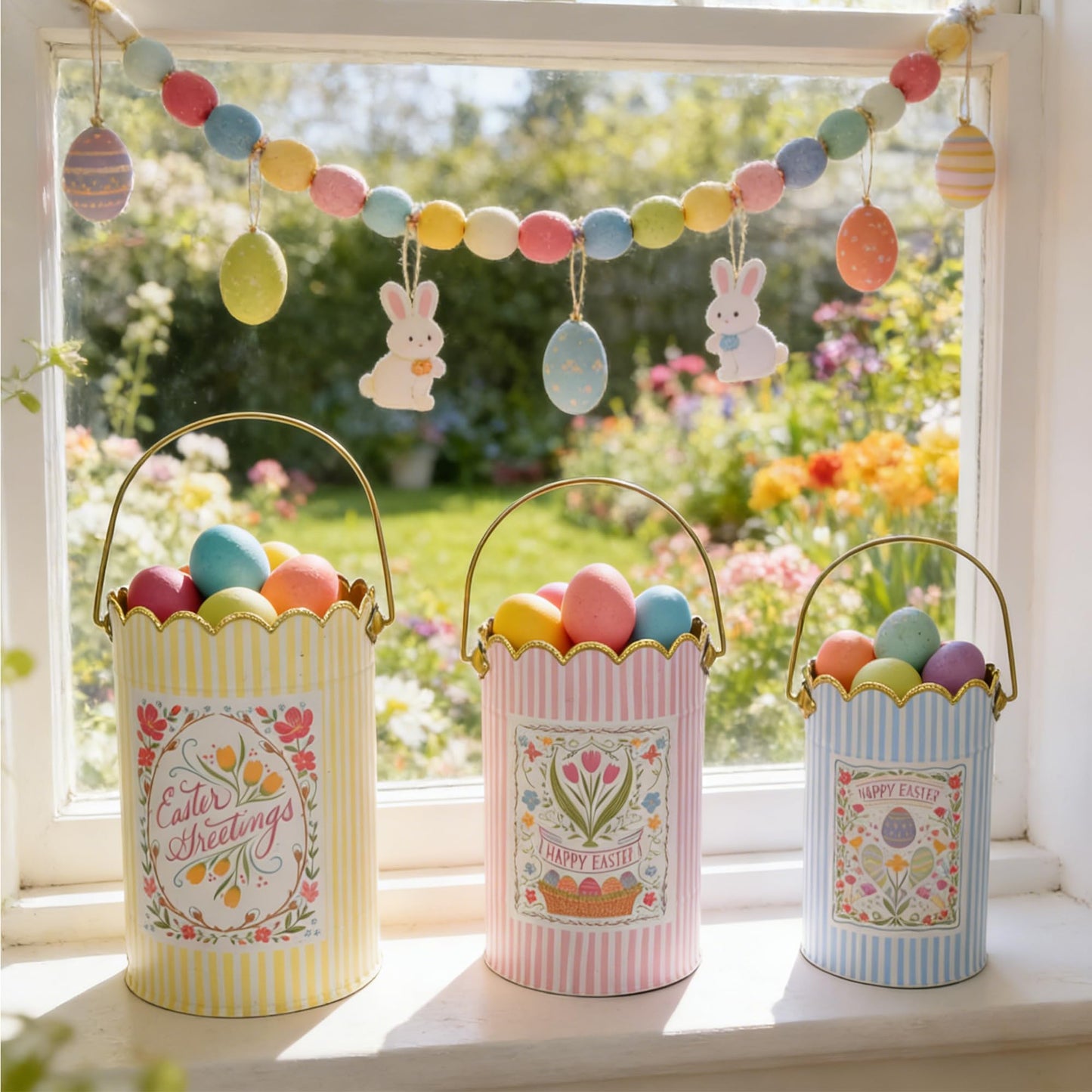 Zorvynelle Set of 3 Metal Bucket with Handle Decorative Floral Basket Bucket Cute Striped Design Flower Planter for Easter, Gift Baskets, Garden & Home Decor