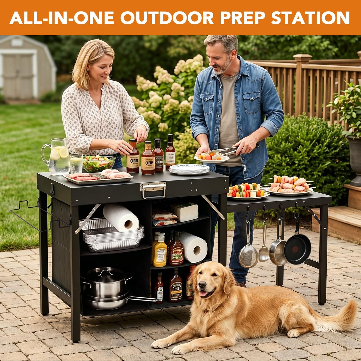 Grill Table Compatible with Blackstone Griddles, Portable Foldable Griddle Stand with Storage Shelf, Heavy Duty Camping Kitchen Table for Outdoor Cooking, BBQ, Camping and Patio, Black