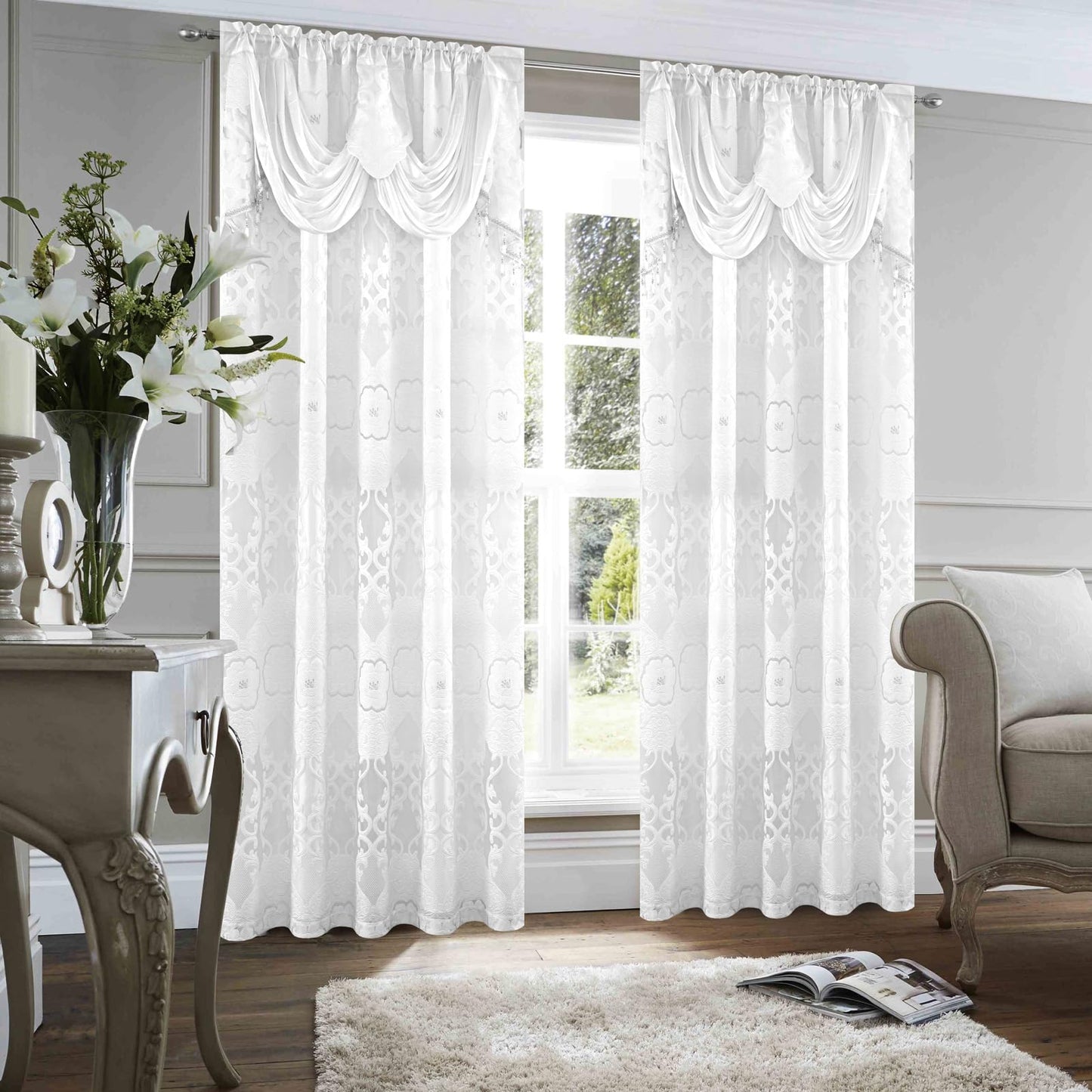 Petrichor White Sheer Jacquard Voile Curtains (54" W x 84" L), 2 Panels with Attached Valance, Double Layer Floral Cutwork Design with Luxurious Texture, Rod Pocket, for Bedroom & Living Room