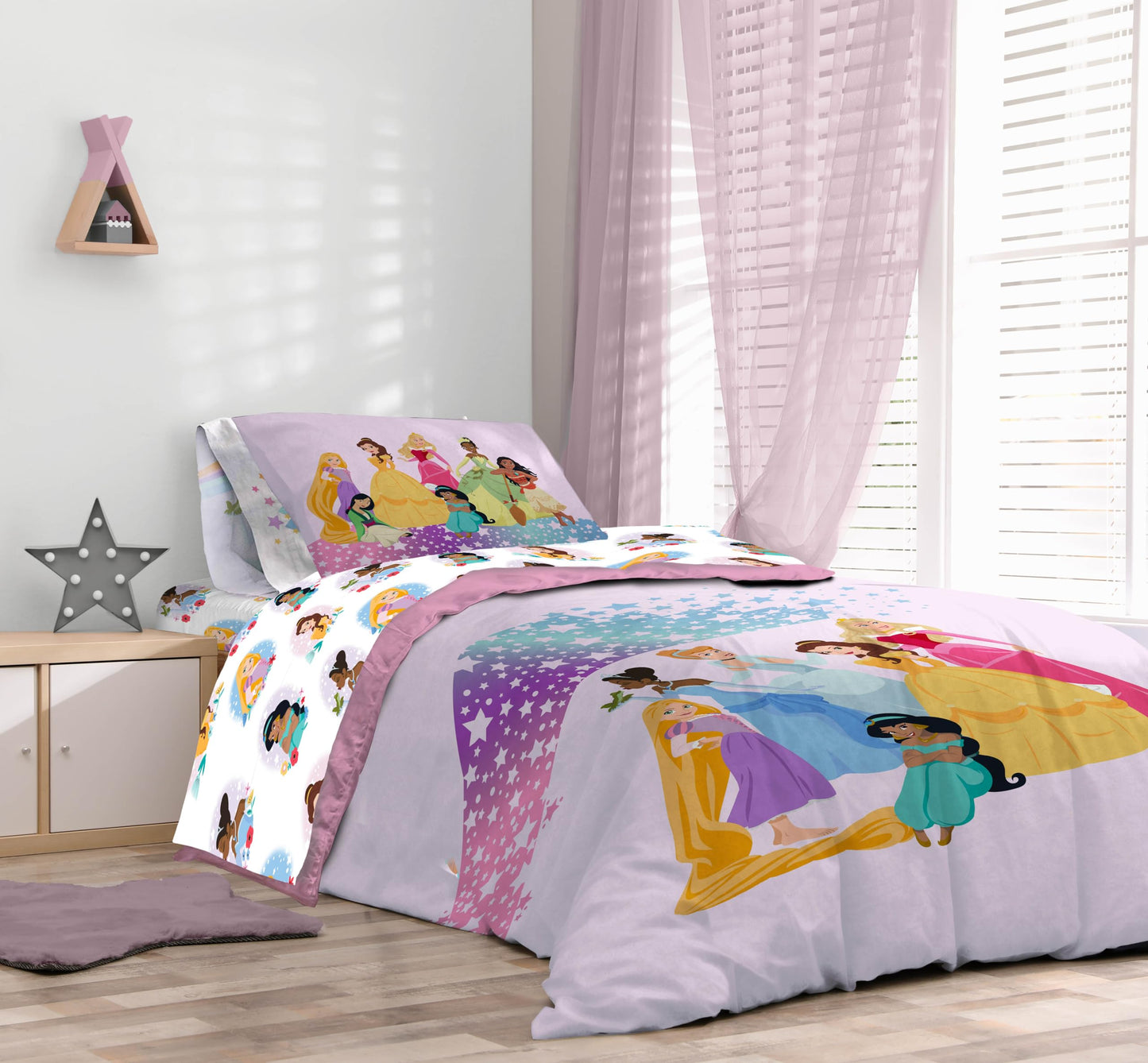 Disney Princess Full Comforter Set - 7 Piece Kids Bedding Includes Comforter, Sheets & Pillow Cover - Super Soft Rainbow Stars Microfiber Bed Set