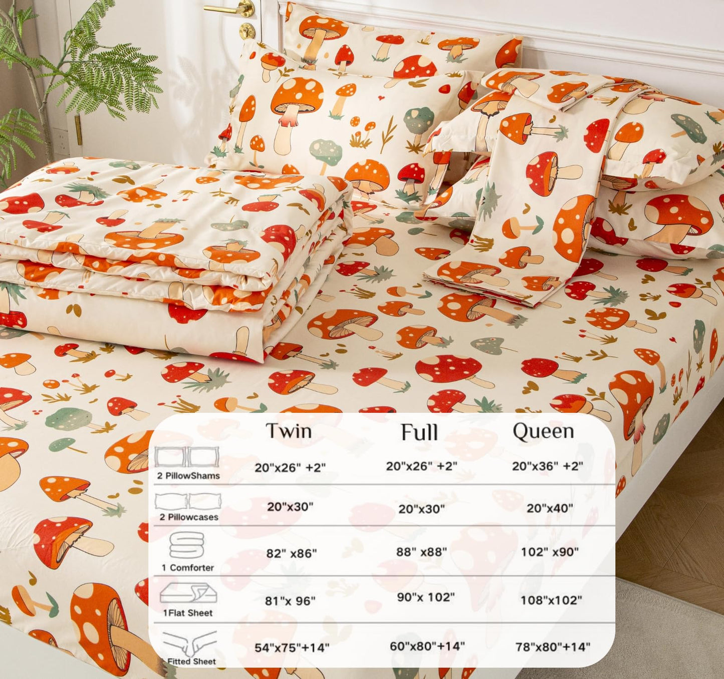 SDY 7PCS Mushroom Bedding Twin,Mushroom Comforter Twin and Bed Sheets for Boys Girls and Kids witj 1Comforter 1Fitted Sheet 1Flat Sheet 2Pillow Cover 2Pillow Sham