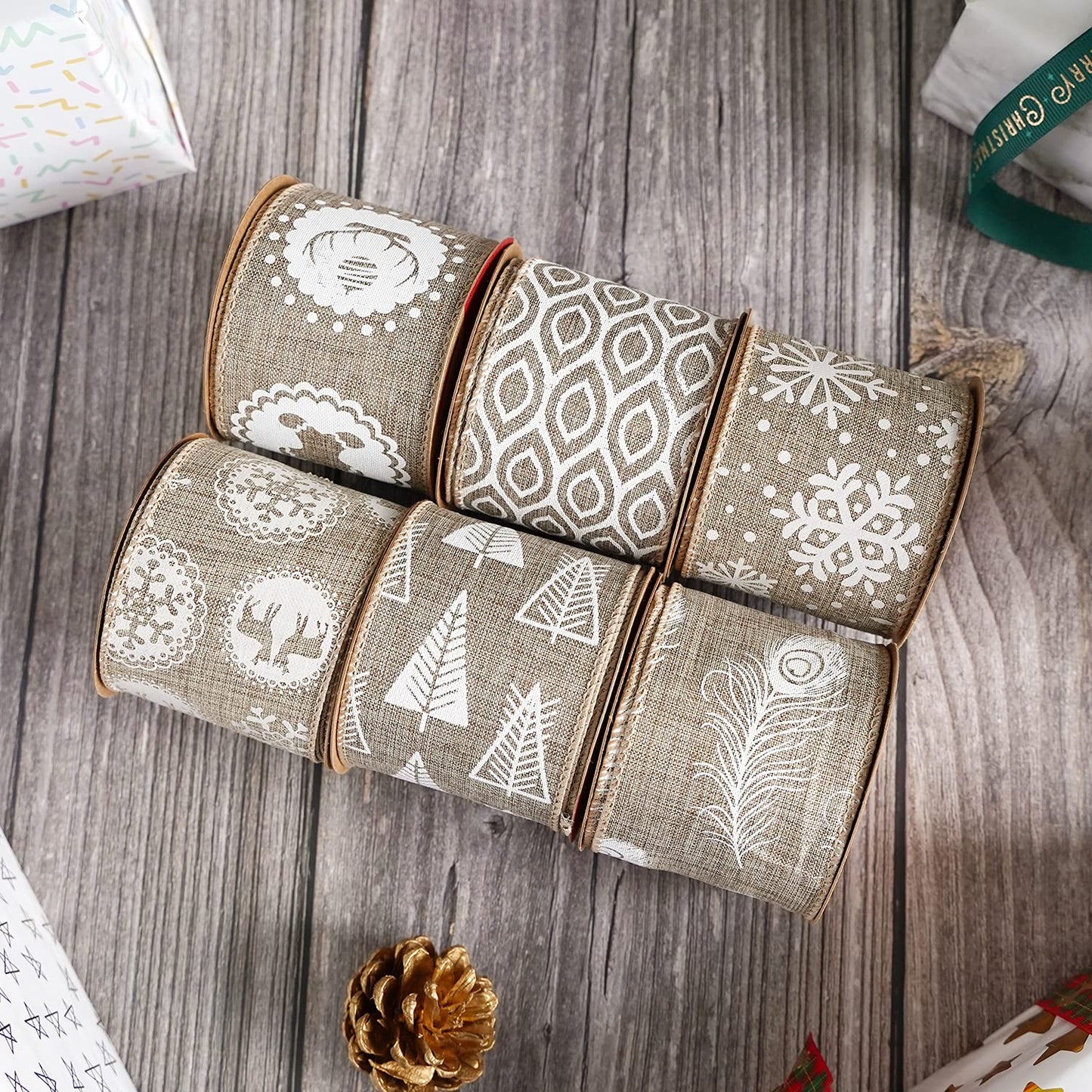 MEEDEE Burlap & White Print Ribbon - Wired Burlap Ribbon, 2.5 Inch, 6 Rolls, 36 Yards - Christmas Tree & Wreath Decorations