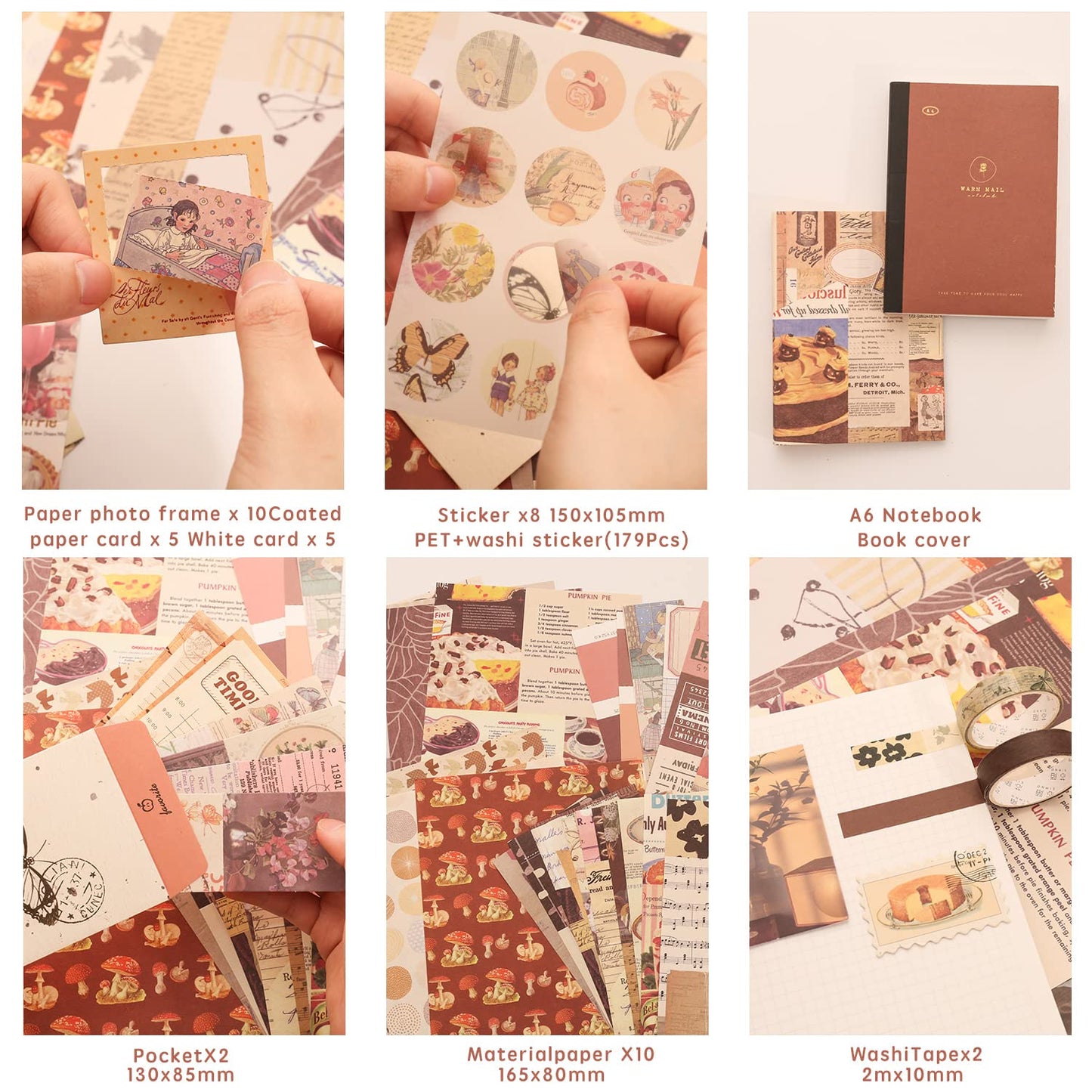 348 Pcs Scrapbooking Supplies Kit, Vintage Aesthetic Scrapbook Kit for Bullet Junk Journal, Stationery, A6 Grid Notebook, DIY Journaling Supplies, Birthday Craft Gift for Teen Girl Kid Women