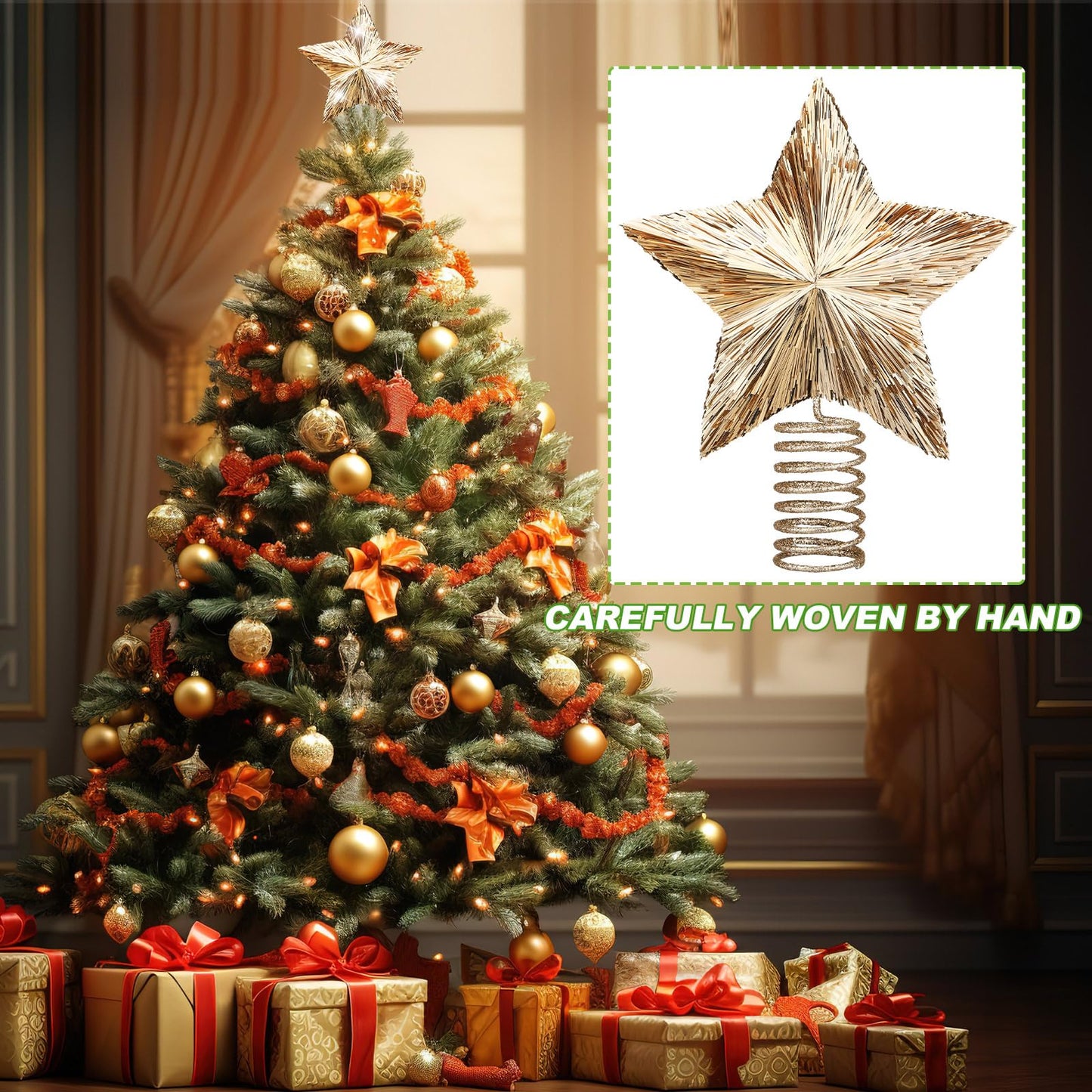 Gejoy 8.2 Inch Champagne Christmas Star Tree Topper Large Gold Bethlehem Star Topper with Glitter Sequin Xmas Holiday Ornament Decoration for Christmas Tree