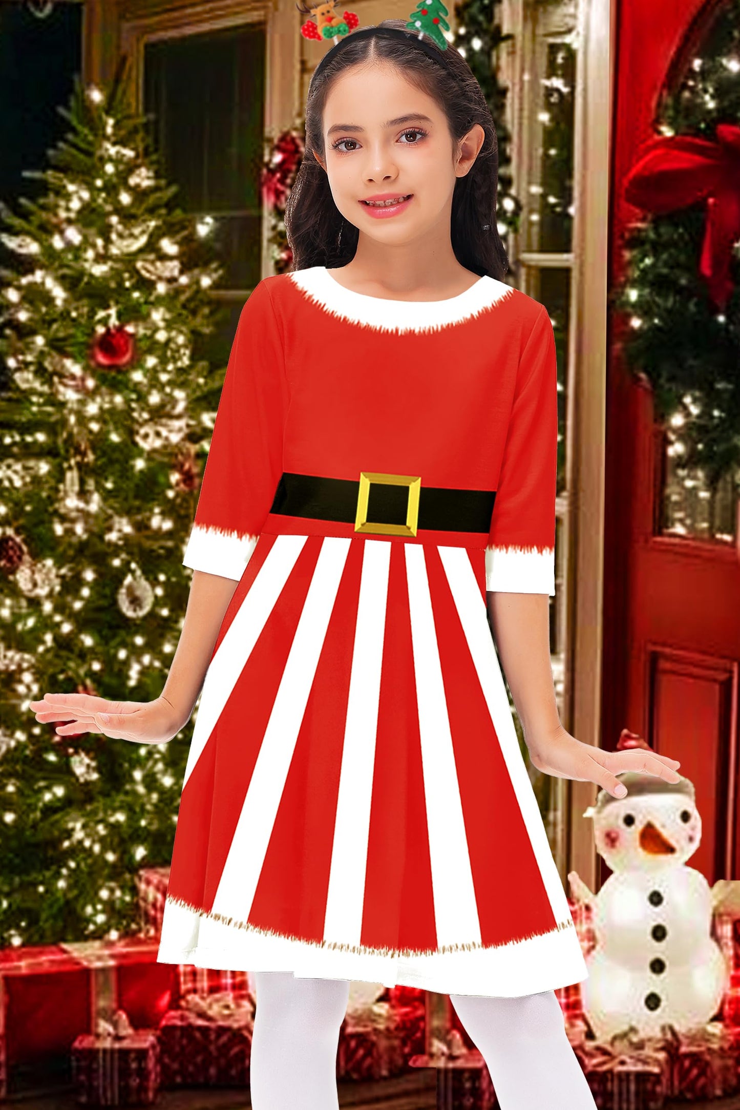 Remimi Santa Dress for Girls Christmas 3/4 Sleeve Twirly Gift Holiday Skater Dress 9-10 Years