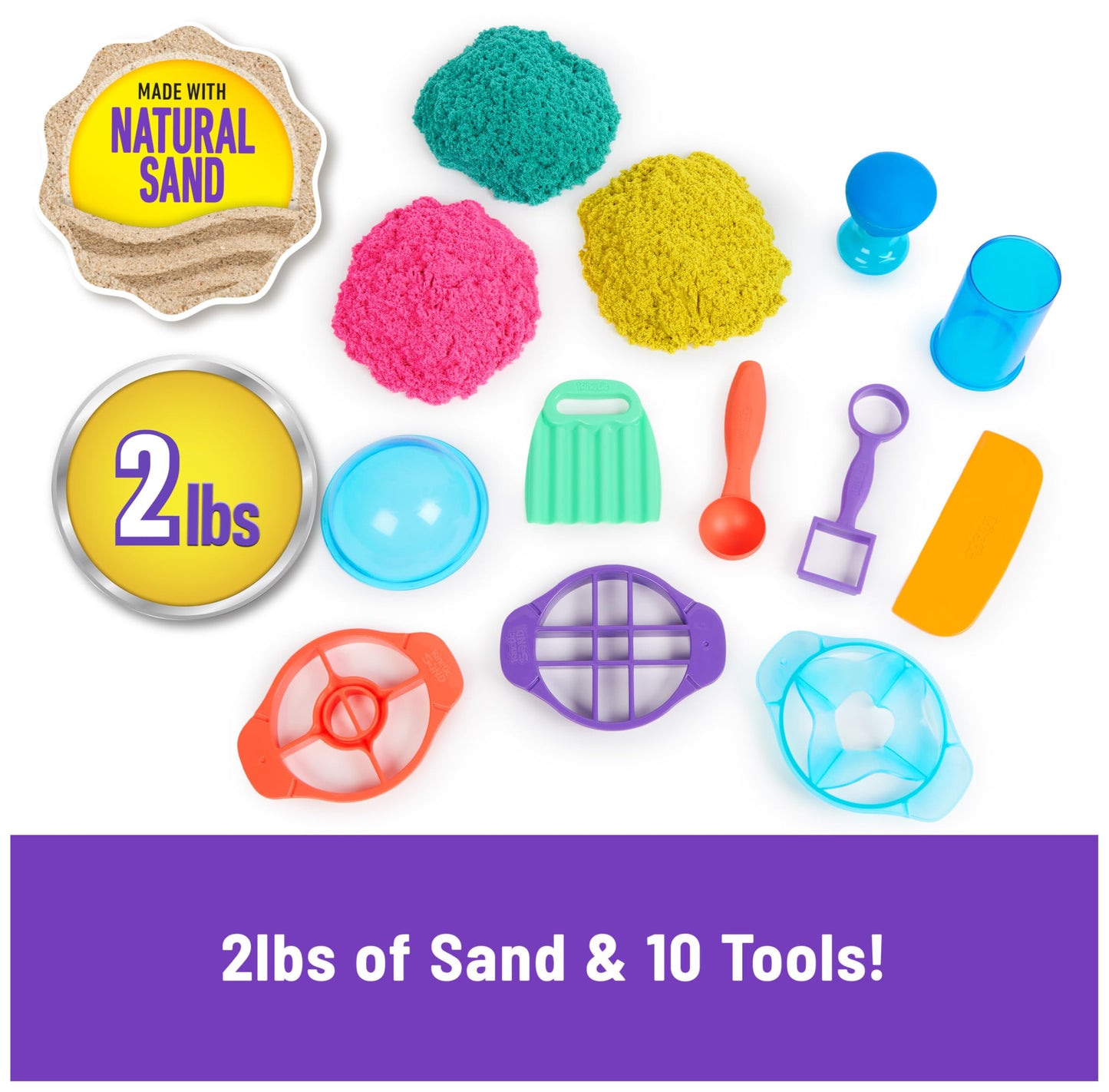 Kinetic Sand Ultimate Sandisfying Set, 2lb of Sand. Pink, Yellow and Teal, 10 Moulds and Tools, Sensory Toys for Kids Ages 7+
