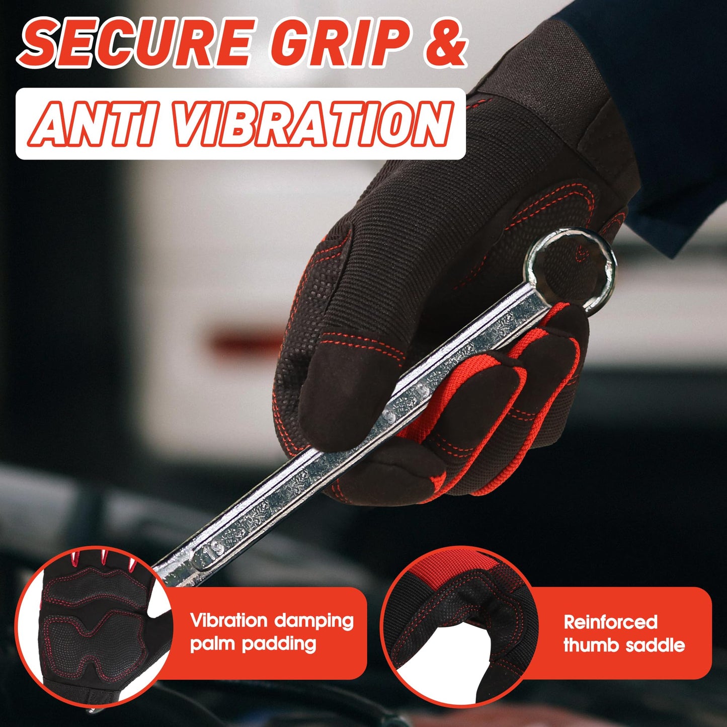 HANDLANDY Anti Vibration Safety Work Gloves for Men Women, Breathable Flexible Spandex Back, Touch Screen Utility Glove (XL, Red)