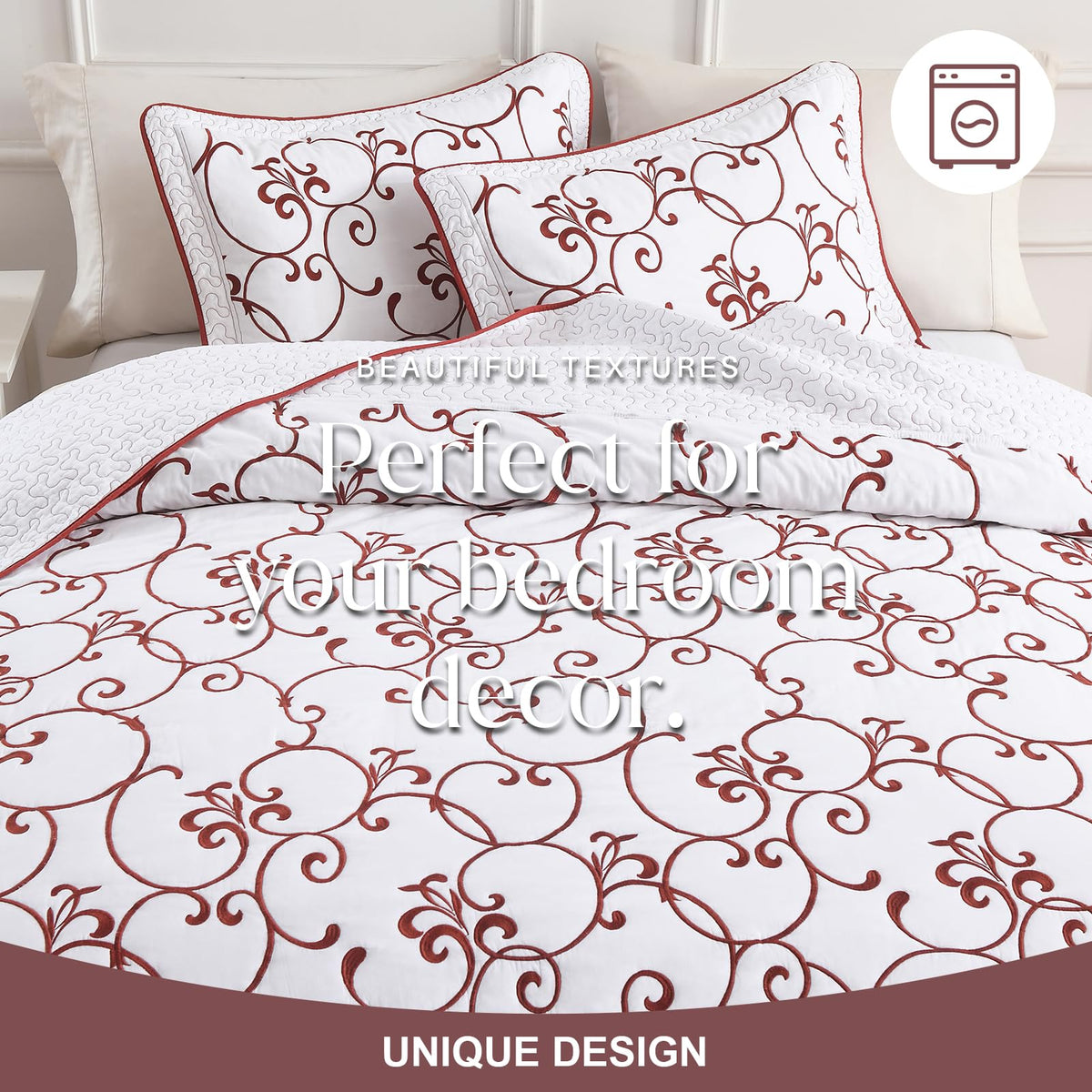 FineStichery Oversized Queen Bedspread 120"x102" - 100% Cotton Extra Large Quilt, Embroidered Bedspread Coverlet with Pillow Shams, Lightweight Quilted Bedding Set 3 Piece, Burgundy/White