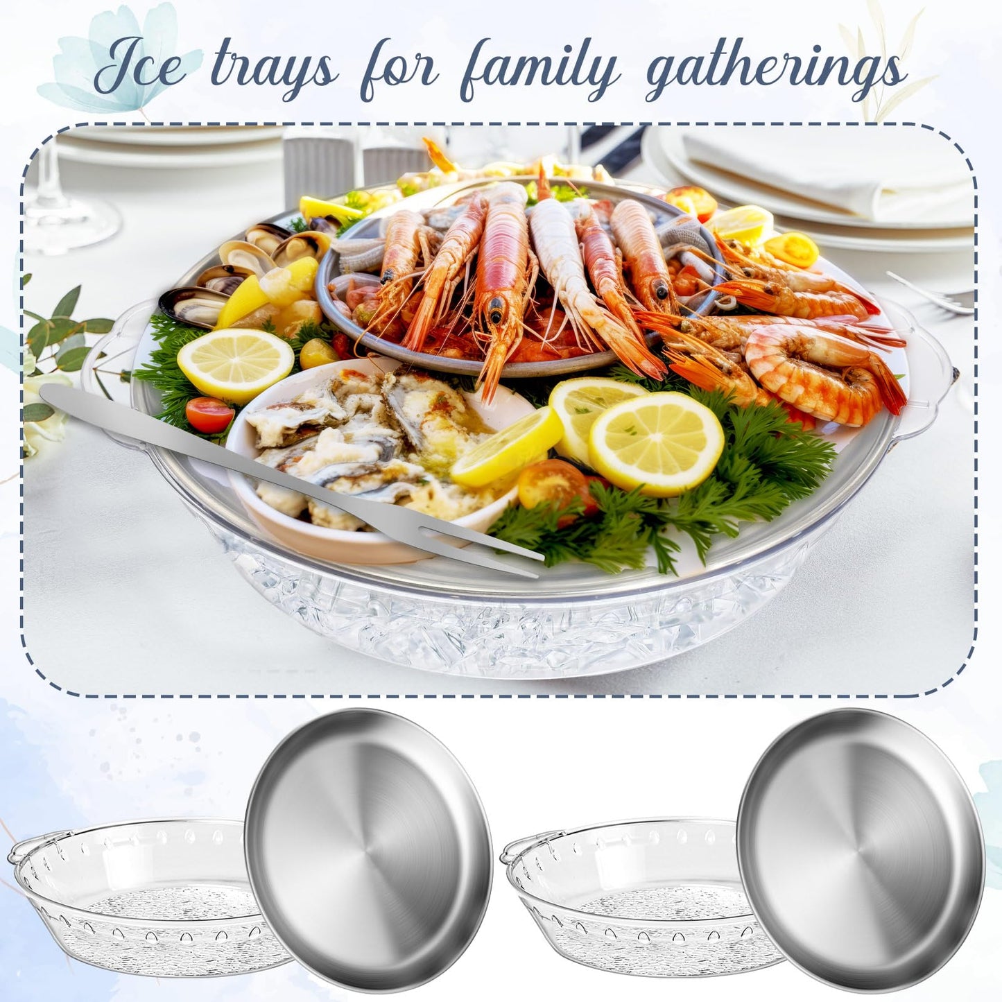 Baderke 4 Sets 11.8" Chilled Serving Tray for Parties Round Iced Platter with Ice Underneath Stainless Steel Clip Fruit Fork Shrimp Cocktail Serving Dish for Oysters Crawfish Fruits (Original)
