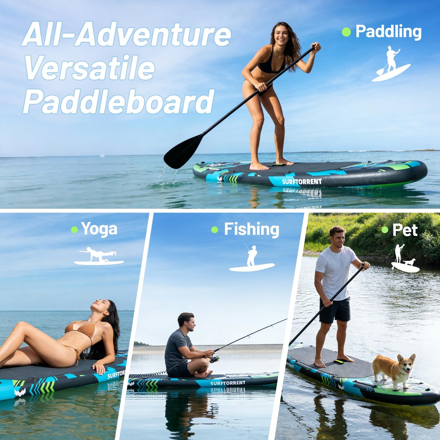 Surftorrent 11’x 33" Inflatable Stand Up Paddle Board for Adults & Youth - Wide Stable Design, Non-Slip EVA Deck, Includes Premium SUP Paddle Board Accessories, All Skill Levels (Laser Light-HL)