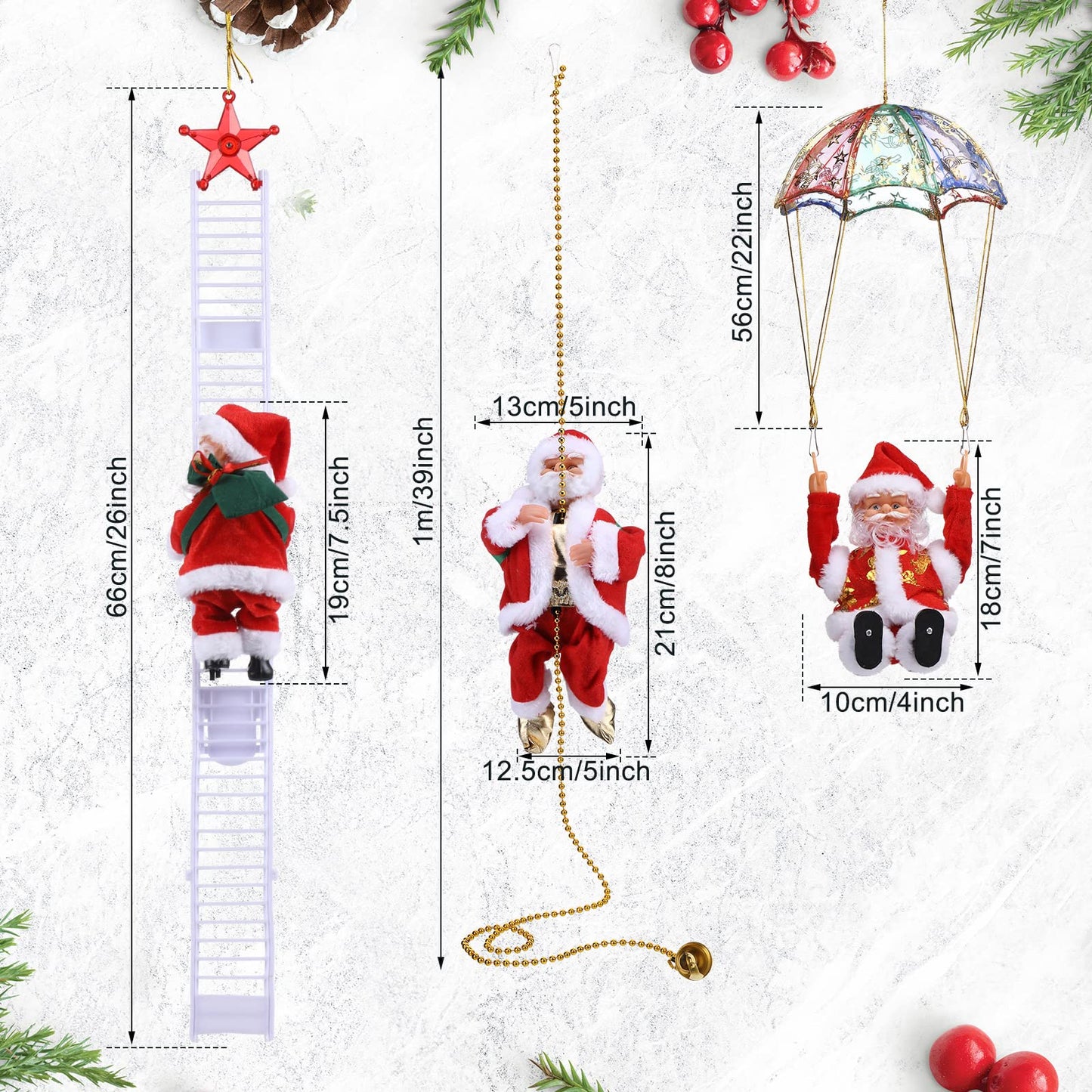3 Pcs Electric Santa Claus Decoration - Rope Ladder Parachute Somersault Musical Santa Climbing Ladder Plush Doll Figurine Christmas Tree Hanging Ornaments Toys Xmas Gift