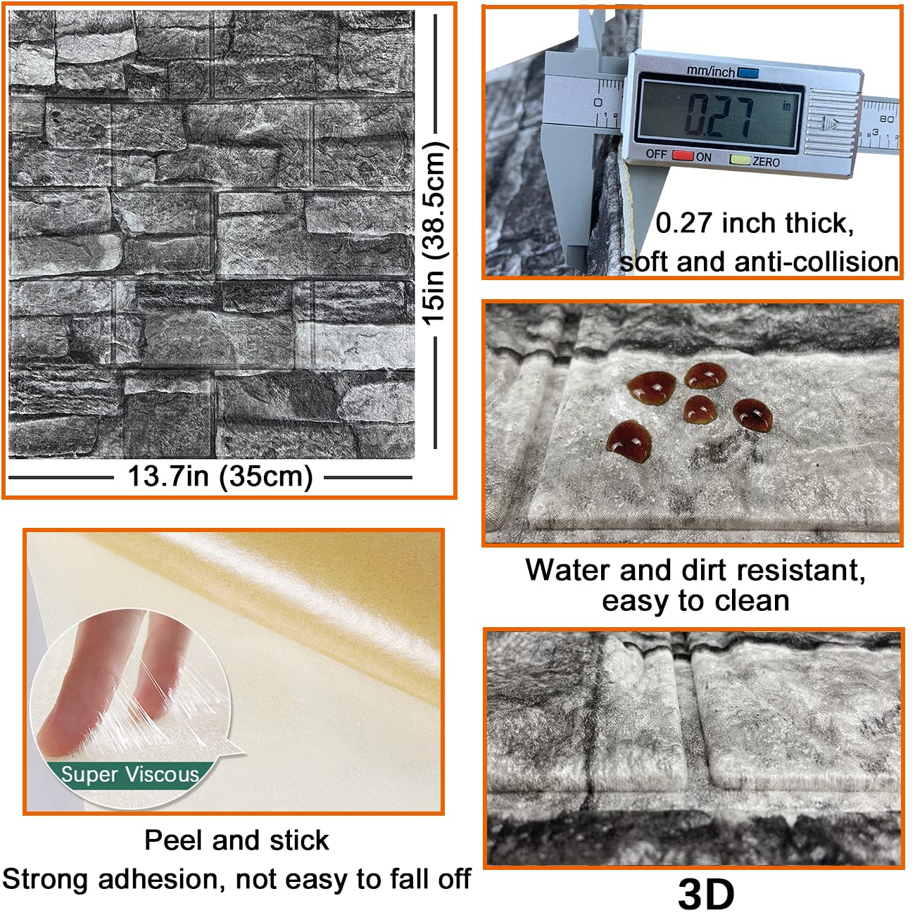 20PCS 3D Wall Panels Peel and Stick 3D Brick Wallpaper Peel and Stick Faux Stone Wall Panel Foam Brick Self-Adhesive Wallpaper (Black 20pcs)
