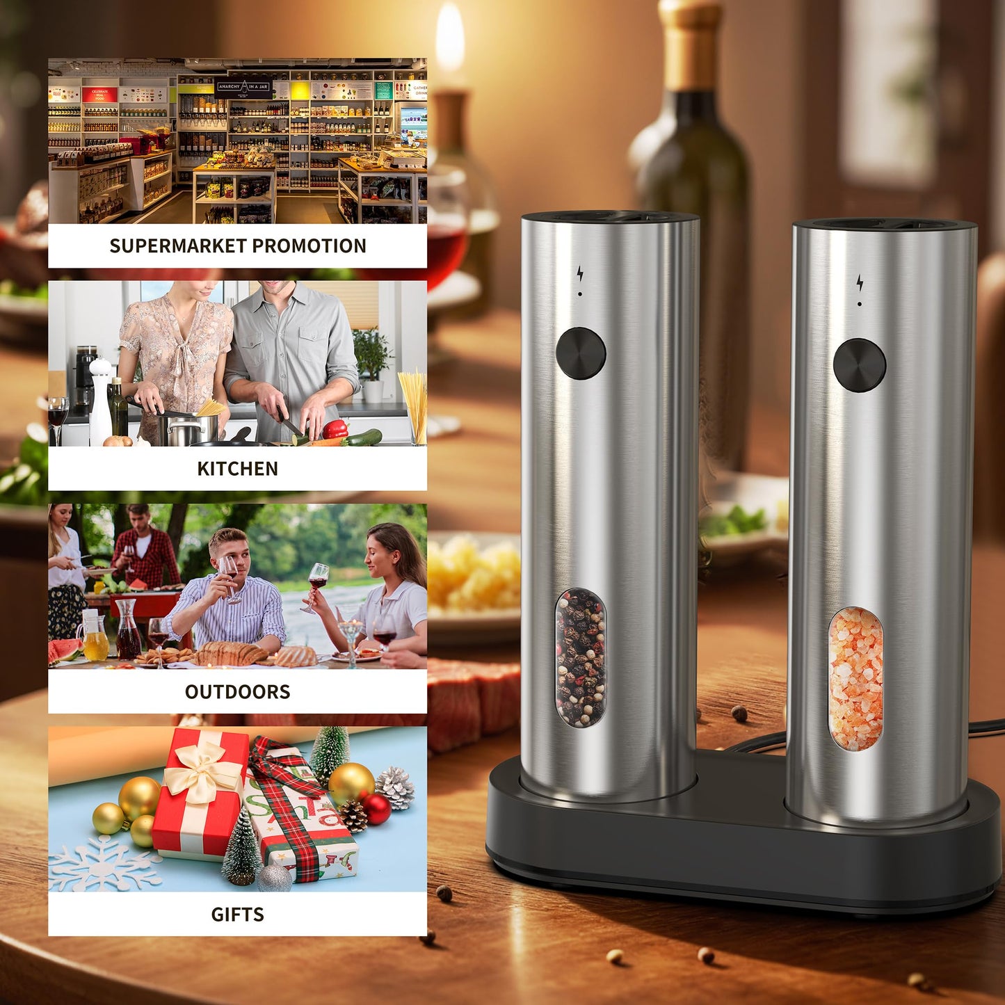 Rechargeable Salt and Pepper Grinder Set,Automatic Rechargeable, LED Light, External Adjustable Coarseness, Upgrade Large Capacity, Rechargeable Base Kitchen, Dining & BBQ, Gifts for Women Mom(Silver)