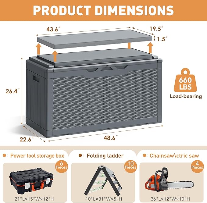 Greesum 100 Gallon Resin Deck Box Large Outdoor Storage Boxes with Cushions for Garden Tools, Patio Furniture Pillows, Pool Supplies, Gray