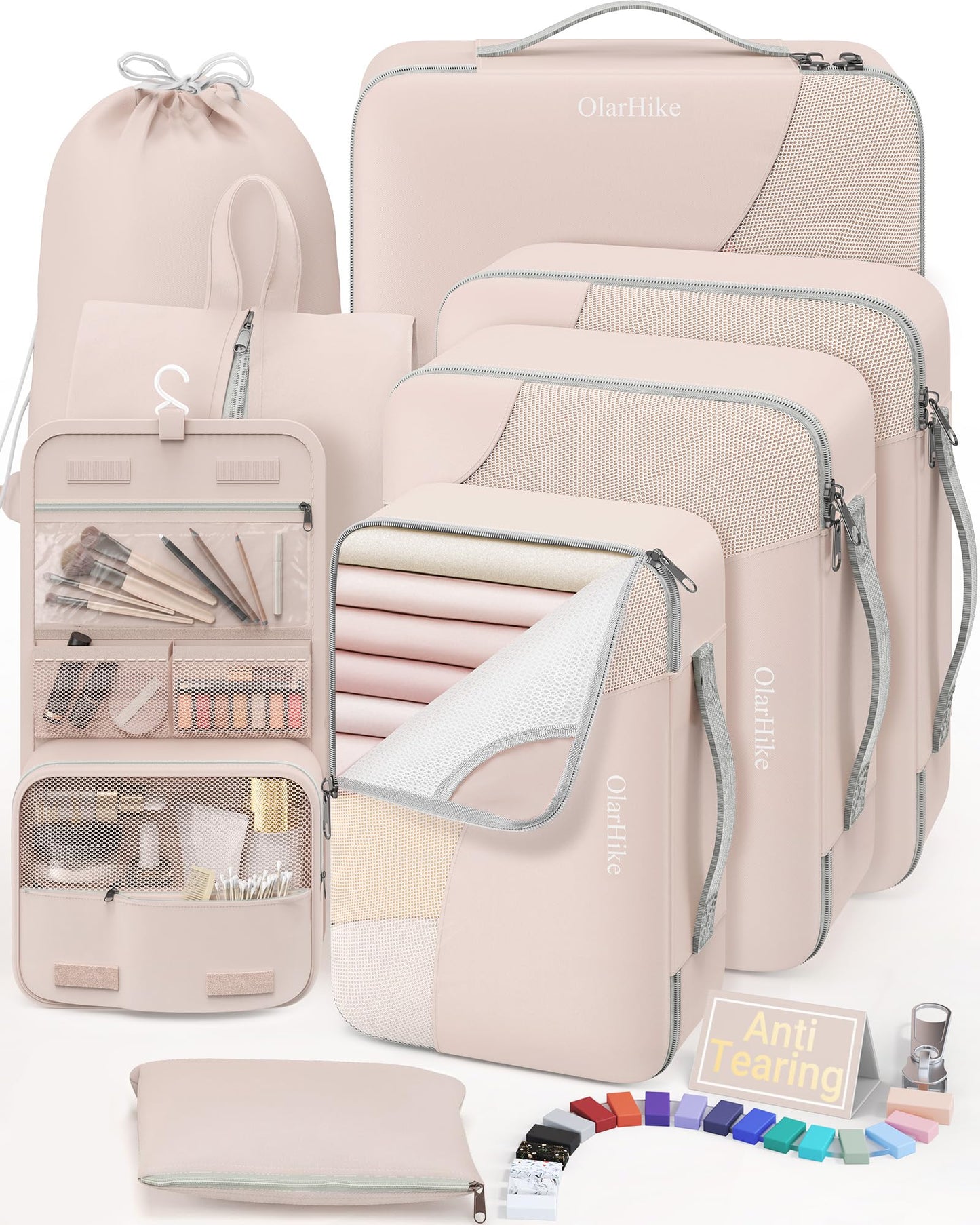 10 Set/8 Set Packing Cubes for Travel, Gifts for Women Mom,Anti-Tearing Suitcase Organizer for Luggage with Shoe & Hanging Toiletry Bag,OlarHike Vacation Essentials & Accessories for Cruise Ship,Cream