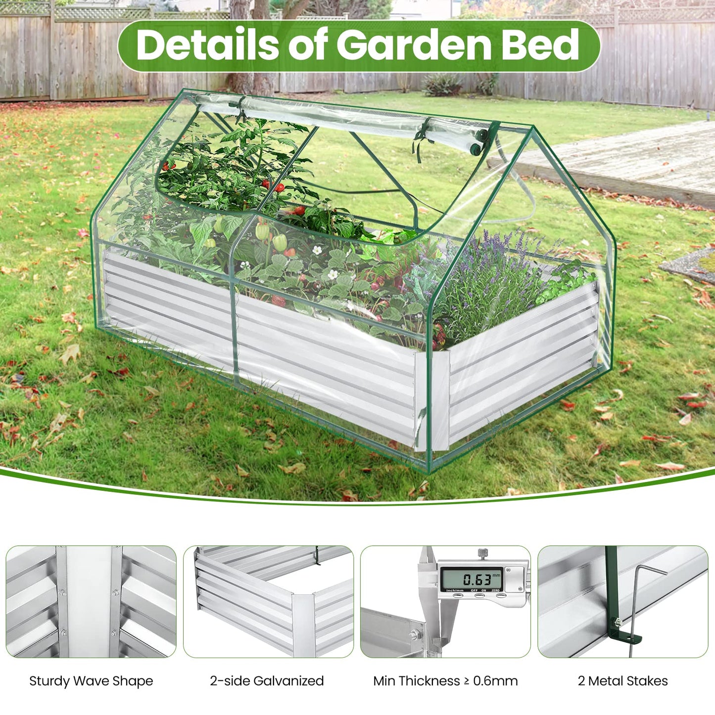 6x3x3ft Galvanized Raised Garden Bed with Cover, Extra-Thick Metal Planter Box Kit w/ 2 Roll-Up Large Screen Windows Mini Greenhouse &1 Pair of Gloves for Growing Vegetables Fruits Flower, Clear