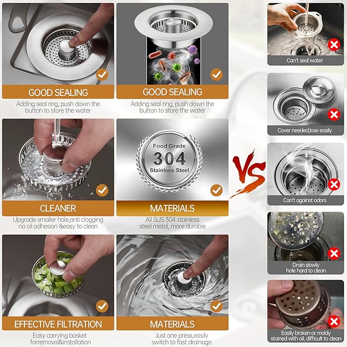 YYKBZ 3 in 1 Kitchen Sink Drain Strainer, Stainless Steel Pop Up Sink Stopper,