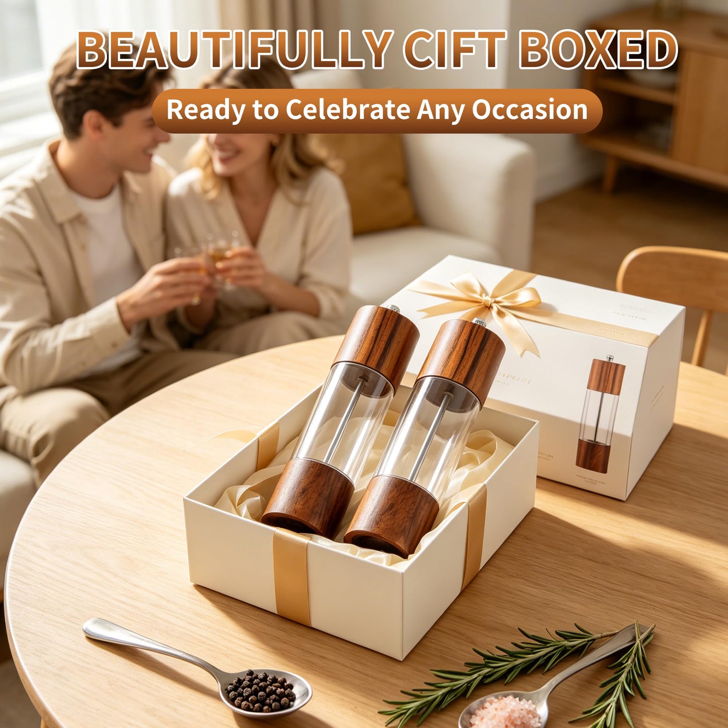 Acacia Wood Premium Acrylic Salt and Pepper Grinder Set, 2 Pack 8 Inches Refillable Salt and Pepper Mill Set, Manual Mills- Crafted of Solid Wooden Shakers with Adjustable Ceramic Core