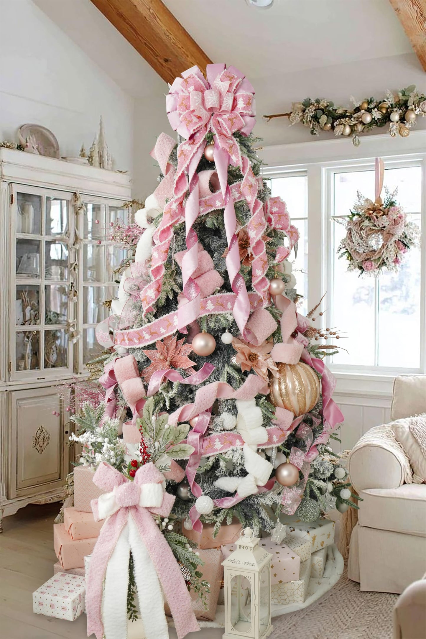 HUIHUANG Pink Christmas Tree Topper Bow 13 inch x 45 inch Large Christmas Bows Pink and White Snowflake Velvet Bows for Christmas Tree Ornament, Wreaths, Staircase, Mantel, Home Decor