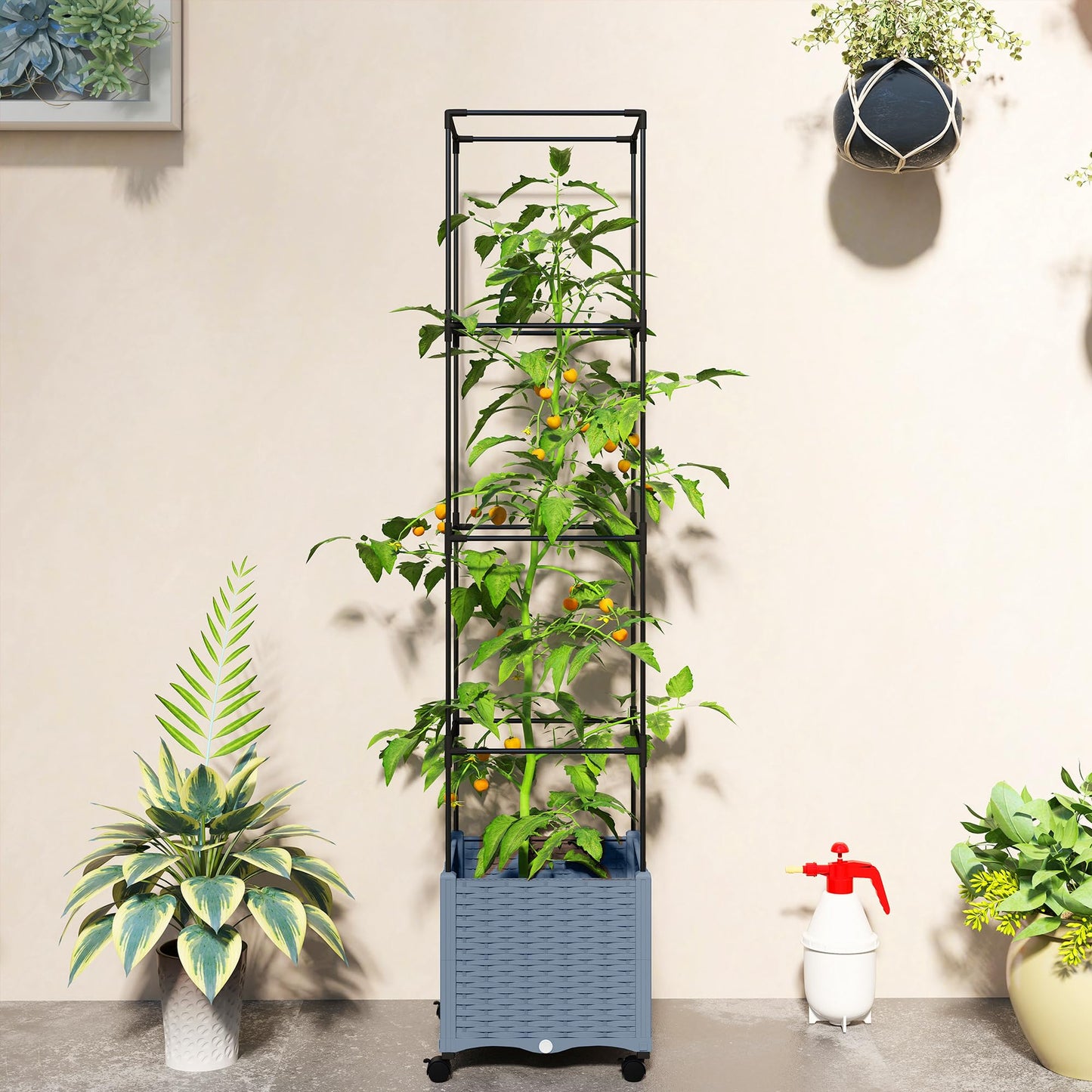 Outsunny Raised Garden Bed with Trellis, 71.7" Tomato Cage with Lockable Wheels, Self Watering Outdoor Planter Box with Drainage Holes and Plugs for Climbing Plants, Vines, Vegetables, Flowers, Gray