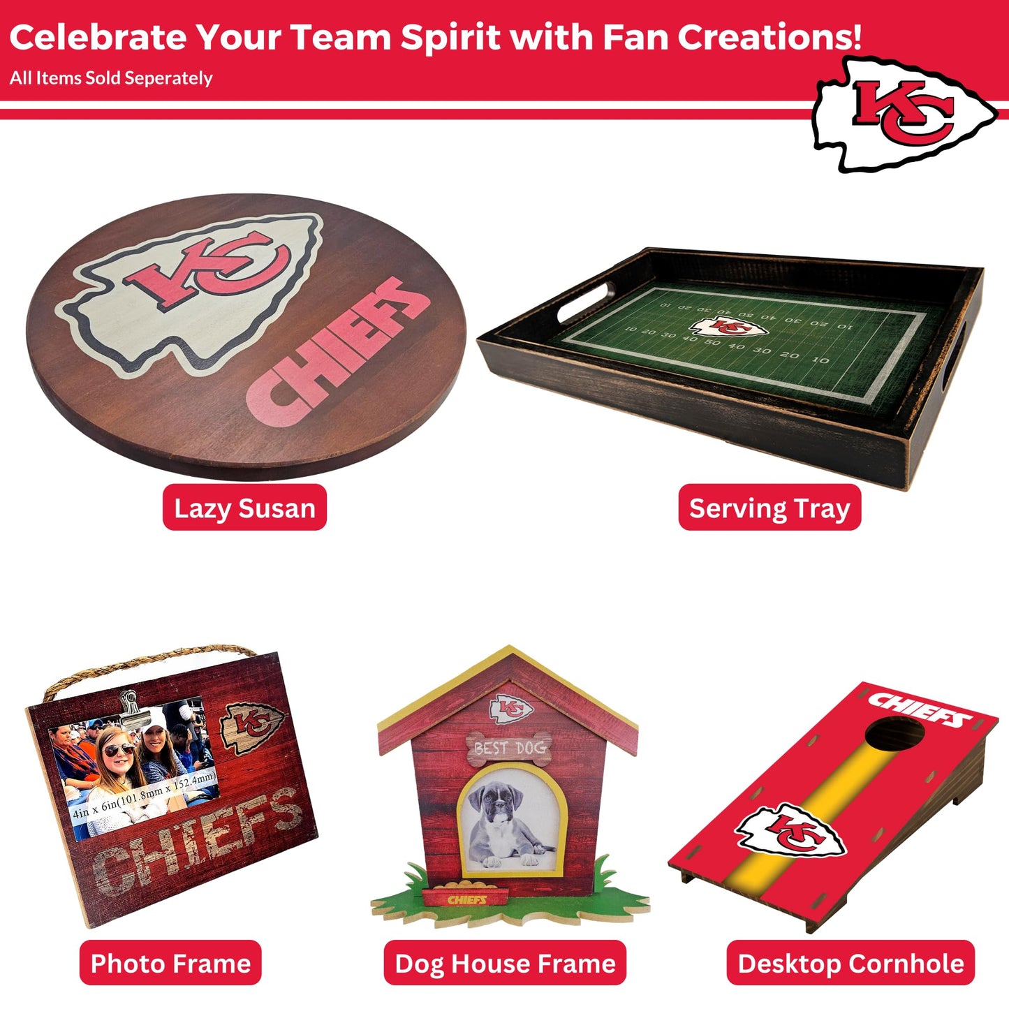 18” Wooden Lazy Susan - Kansas City Chiefs Logo by Fan Creations - Decorative Turntable Rack for Kitchen, Storage, Dining Buffet Tables - Tabletop Accessory for Game Day, Parties, Man Cave