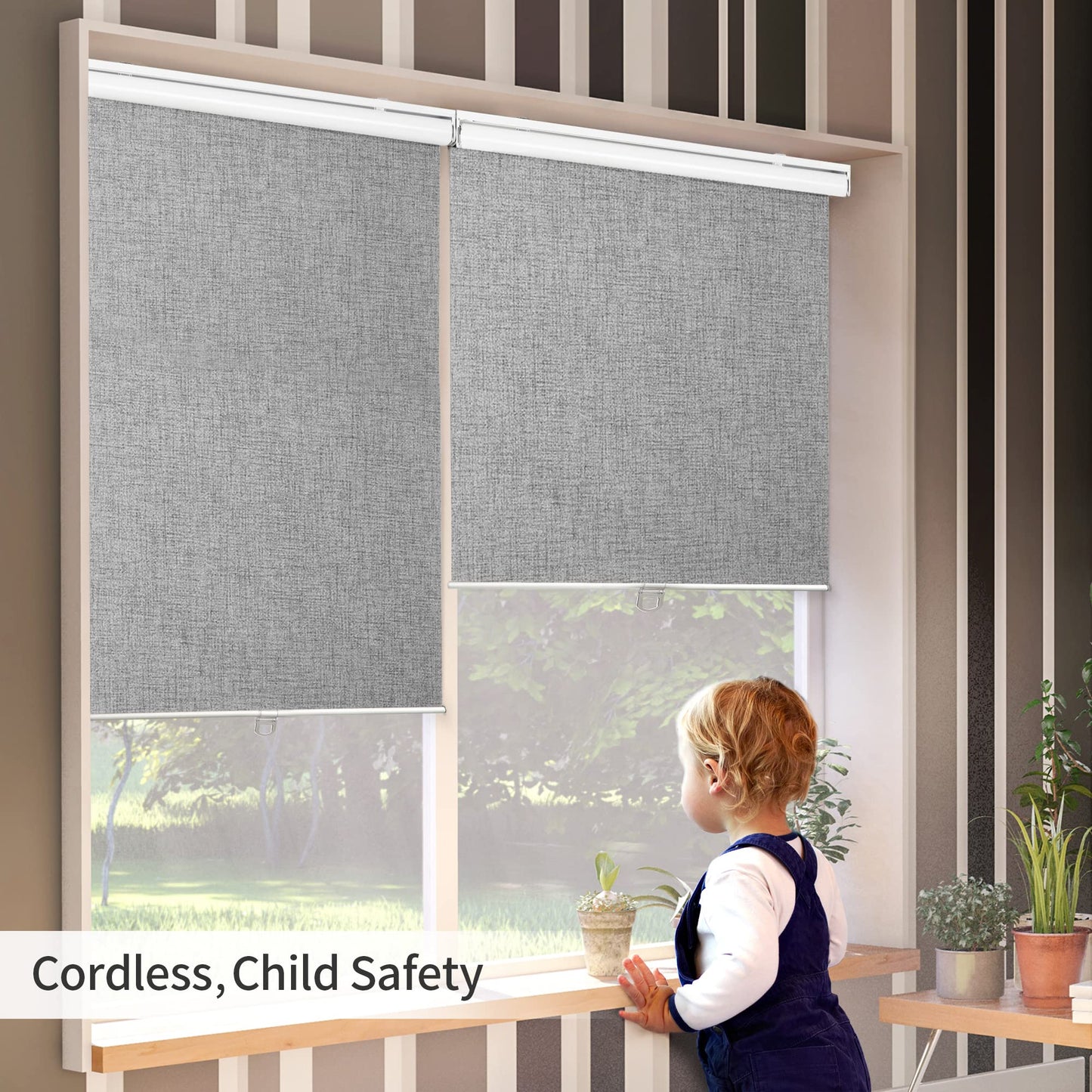GENIMO 100% Blackout Roller Window Shades, Window Blinds Cordless with Thermal Insulated, UV Protection Fabric, Mini French Door Blinds for Home, Office, Bedroom, Easy to Install, Grey, 10" W X 75" H