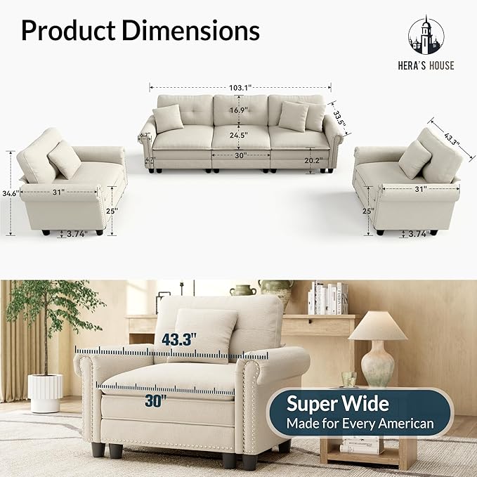 HERA'S HOUSE 3 Pieces Modular Sectional Sofa Sets, Oversized Couch Set