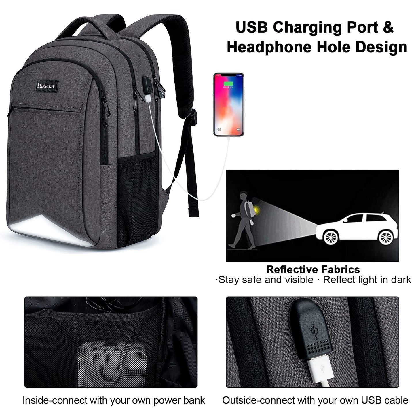 Lumesner Business Laptop Backpack with USB Charging Port; 17.3 Inch Anti Theft Travel Backpack for Men/Women; Water Resistant Computer Rucksack for School/Work/Travel