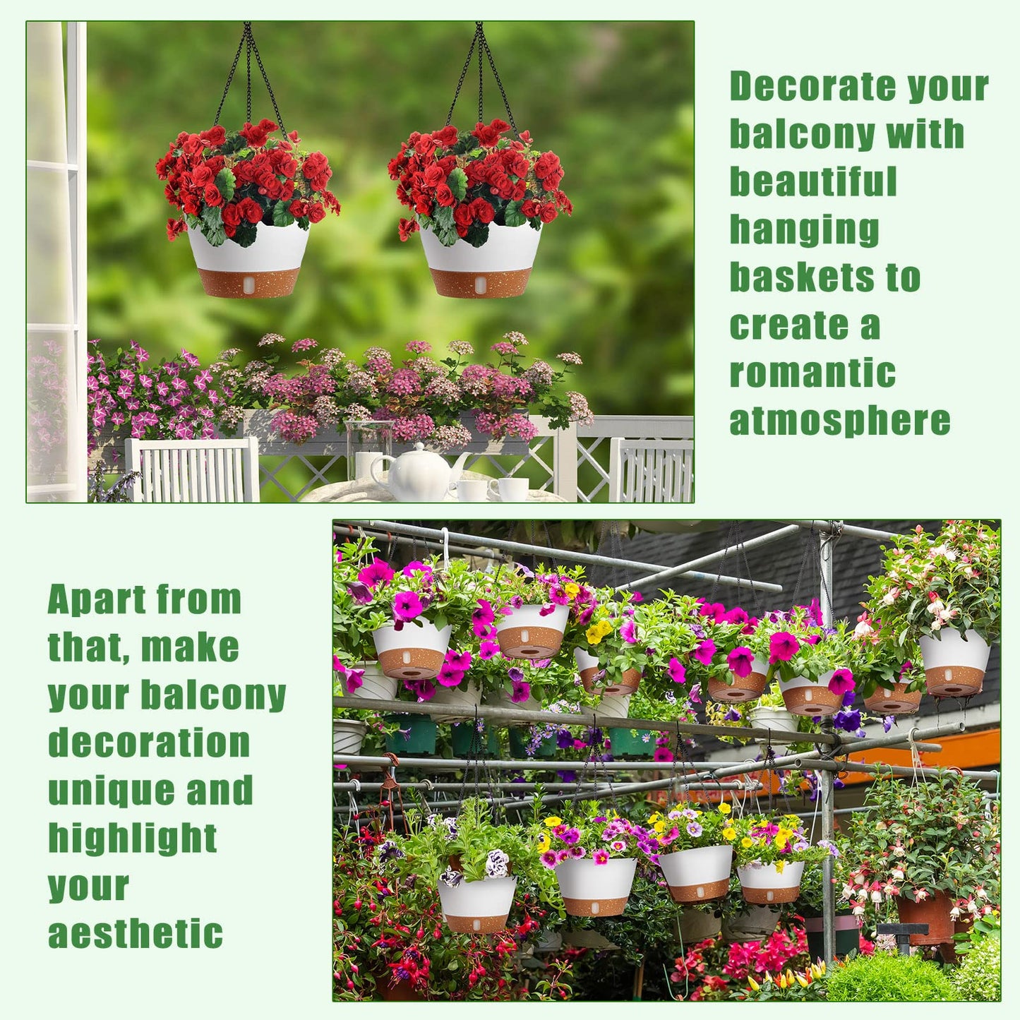 Amyhill 6 Pcs 8 Inch Hanging Planter for Indoor Plants Self Watering Hanging Pot Baskets with Drainage Hole Visible Water Level Tray with Hooks for Garden Outdoor(White)