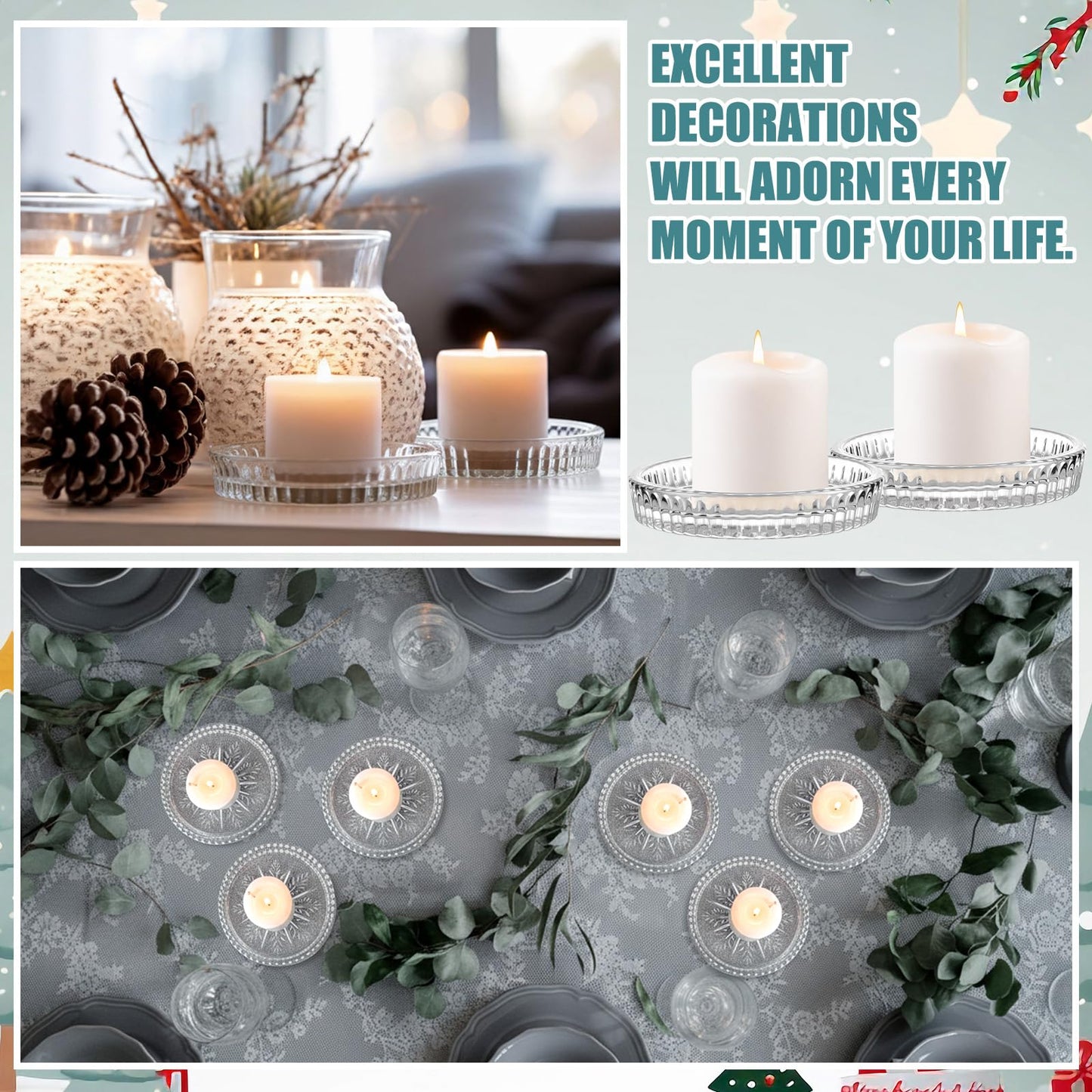 Ferrochef 6 Pcs Round Glass Candle Holder, 3.74 Inch Clear Winter Snowflake Candle Plate Crystal Votive Candles Coasters for Christmas Winter Weddings Party Holiday Birthday Home Table Decor